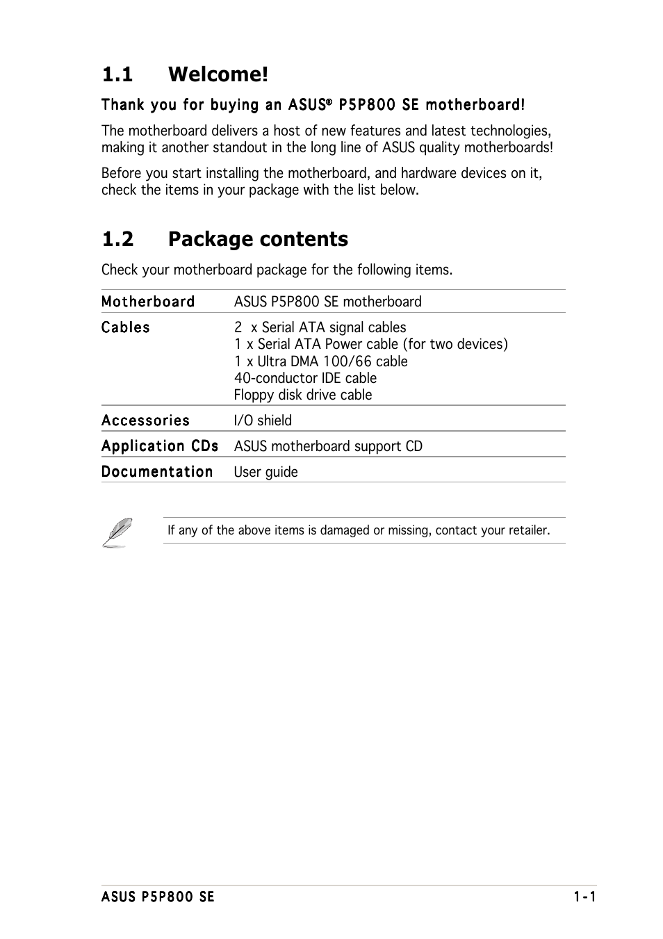 1 welcome, 2 package contents | Asus P5P800 SE User Manual | Page 15 / 116