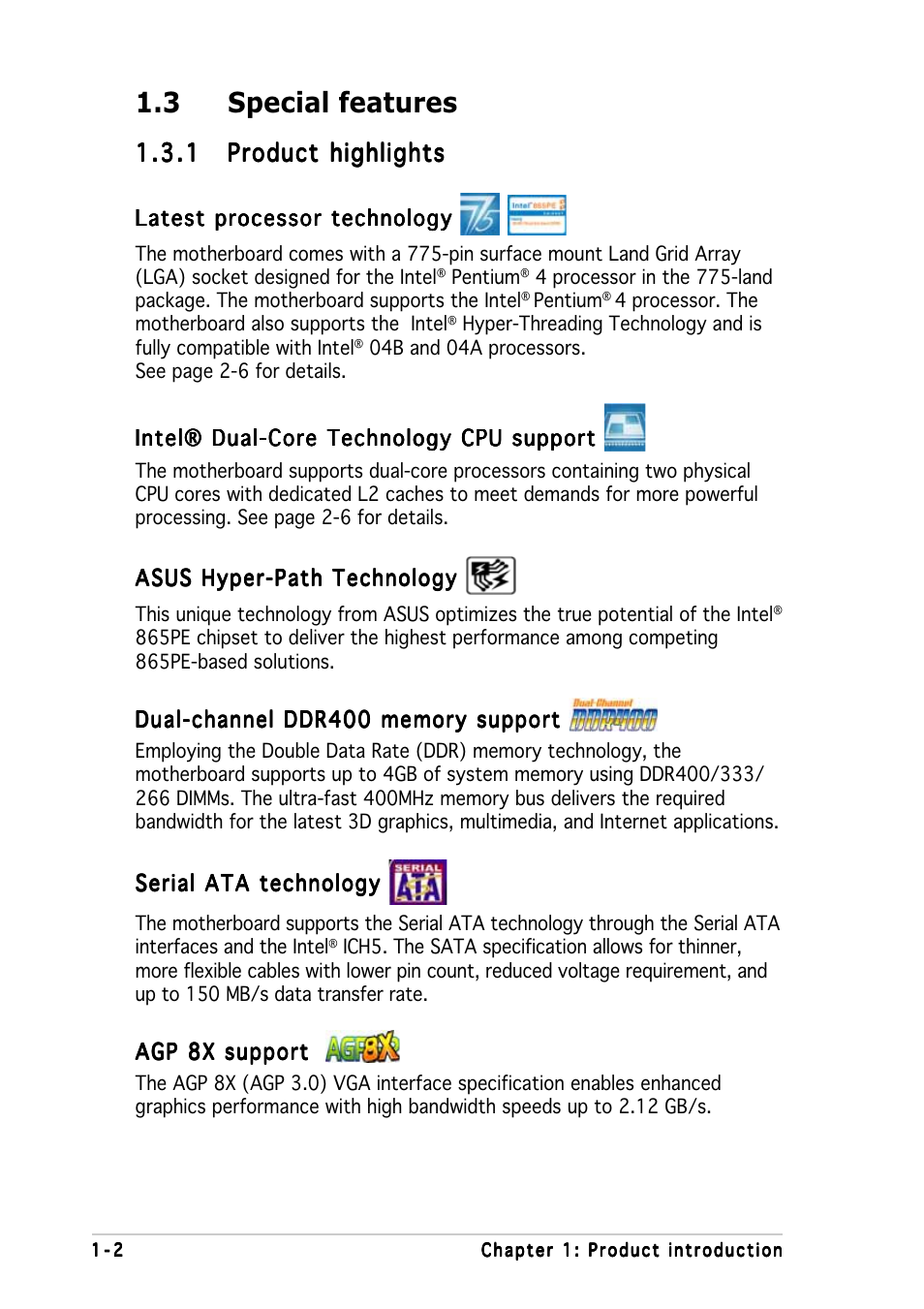 3 special features | Asus P5P800 SE User Manual | Page 16 / 116