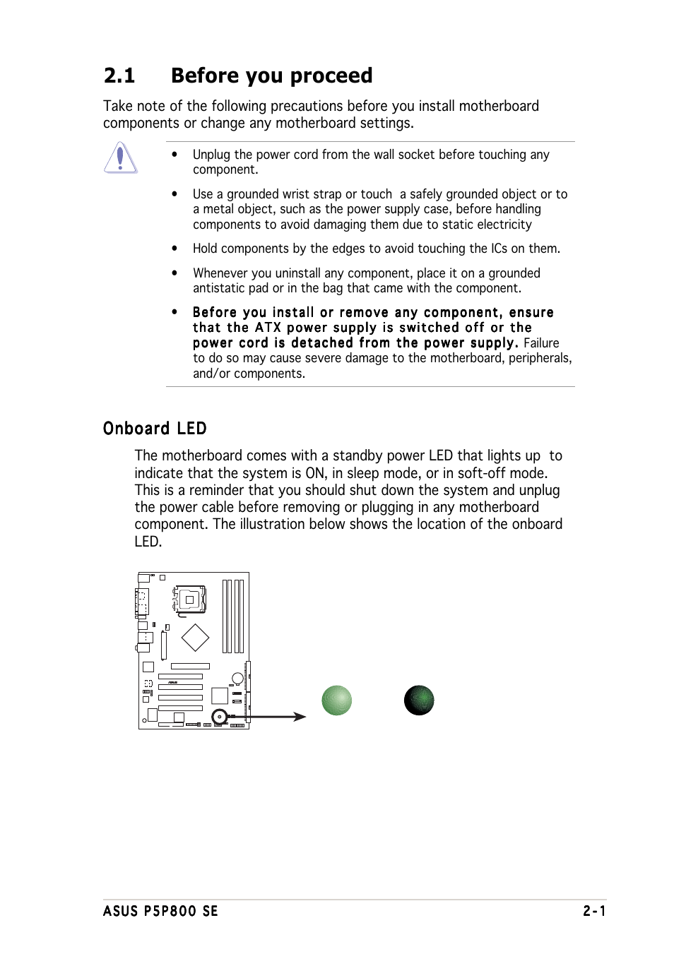 1 before you proceed, Onboard led | Asus P5P800 SE User Manual | Page 21 / 116