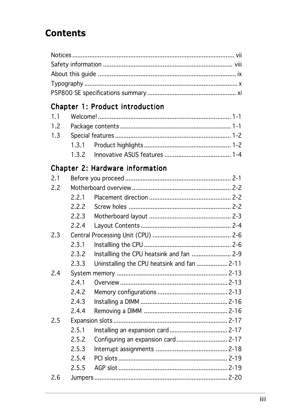 Asus P5P800 SE User Manual | Page 3 / 116
