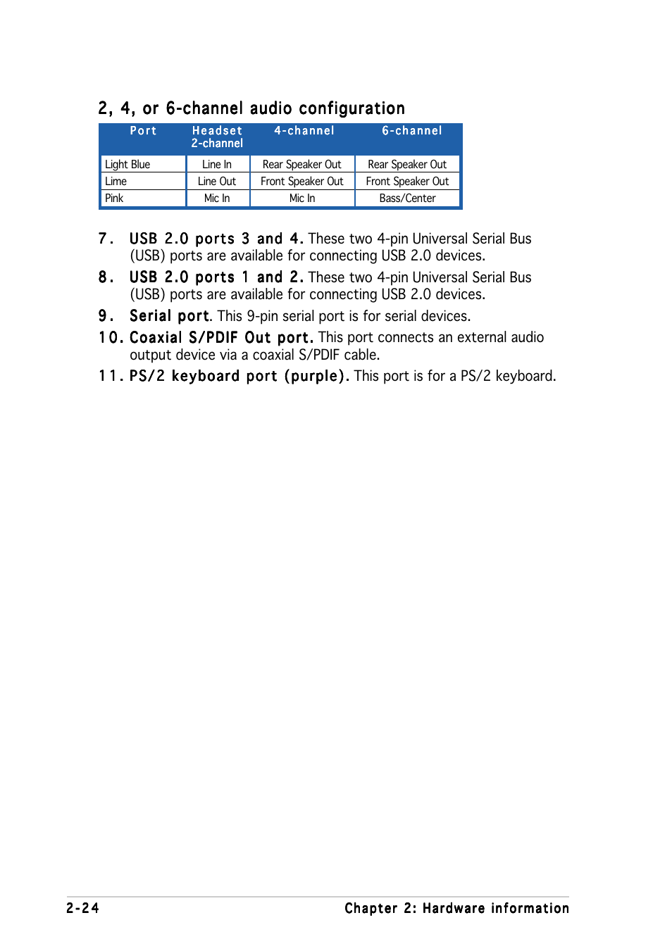 2, 4, or 6-channel audio configuration | Asus P5P800 SE User Manual | Page 44 / 116