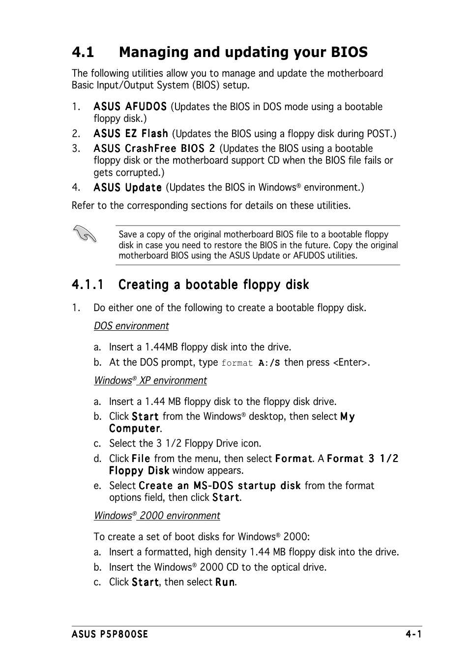 1 managing and updating your bios | Asus P5P800 SE User Manual | Page 61 / 116