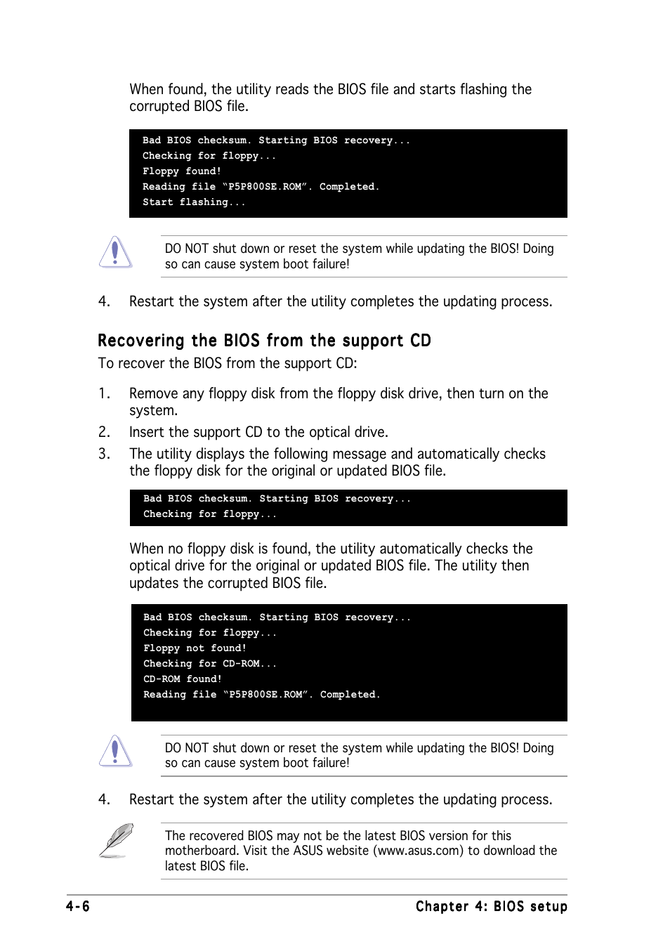 Recovering the bios from the support cd | Asus P5P800 SE User Manual | Page 66 / 116