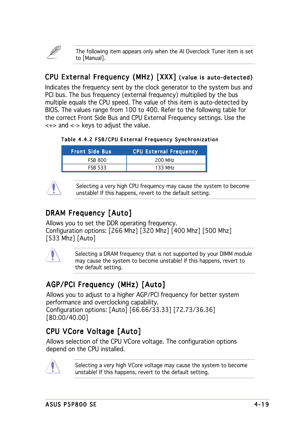 Cpu external frequency (mhz) [xxx, Agp/pci frequency (mhz) [auto, Cpu vcore voltage [auto | Dram frequency [auto | Asus P5P800 SE User Manual | Page 79 / 116