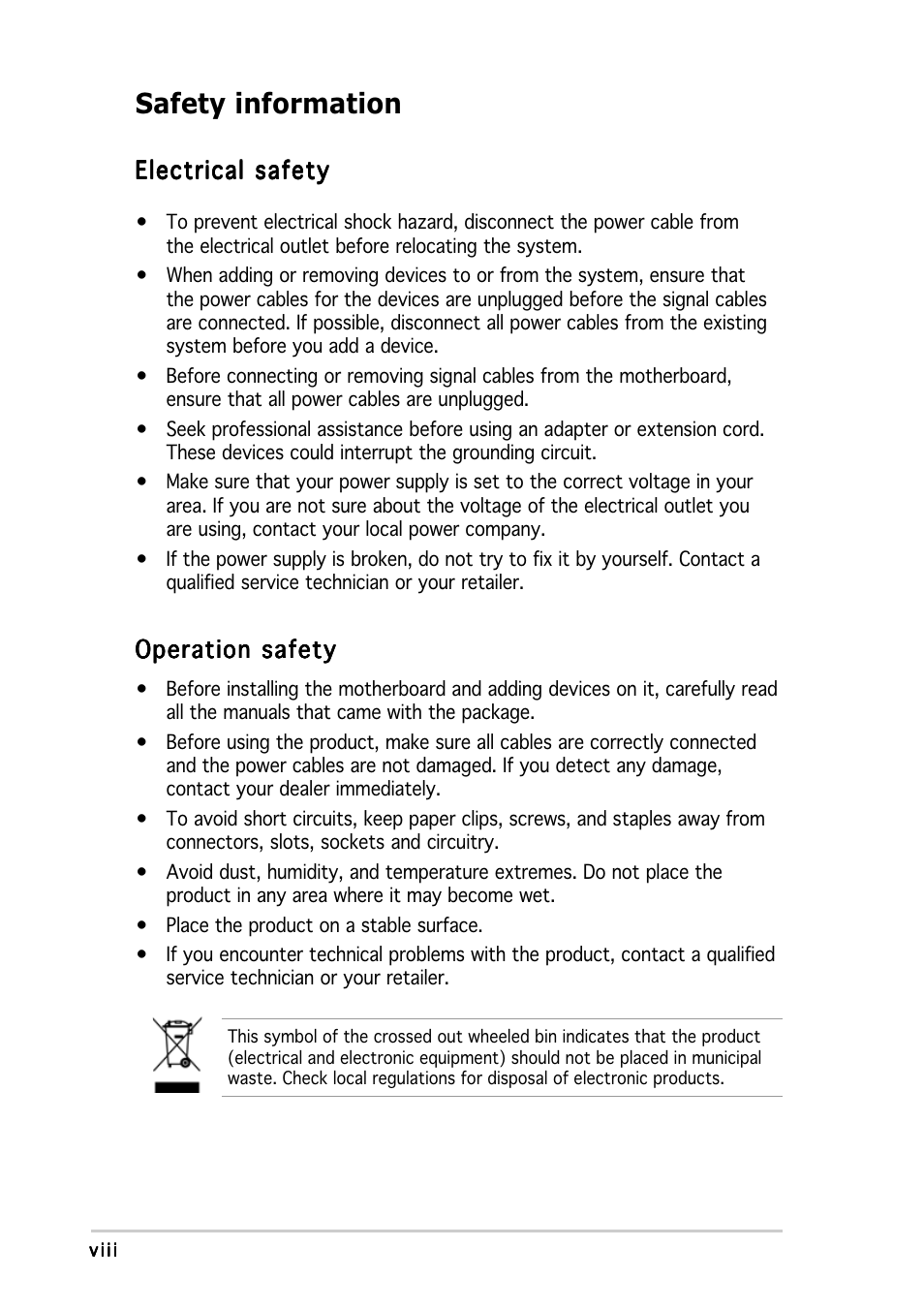 Safety information | Asus P5P800 SE User Manual | Page 8 / 116