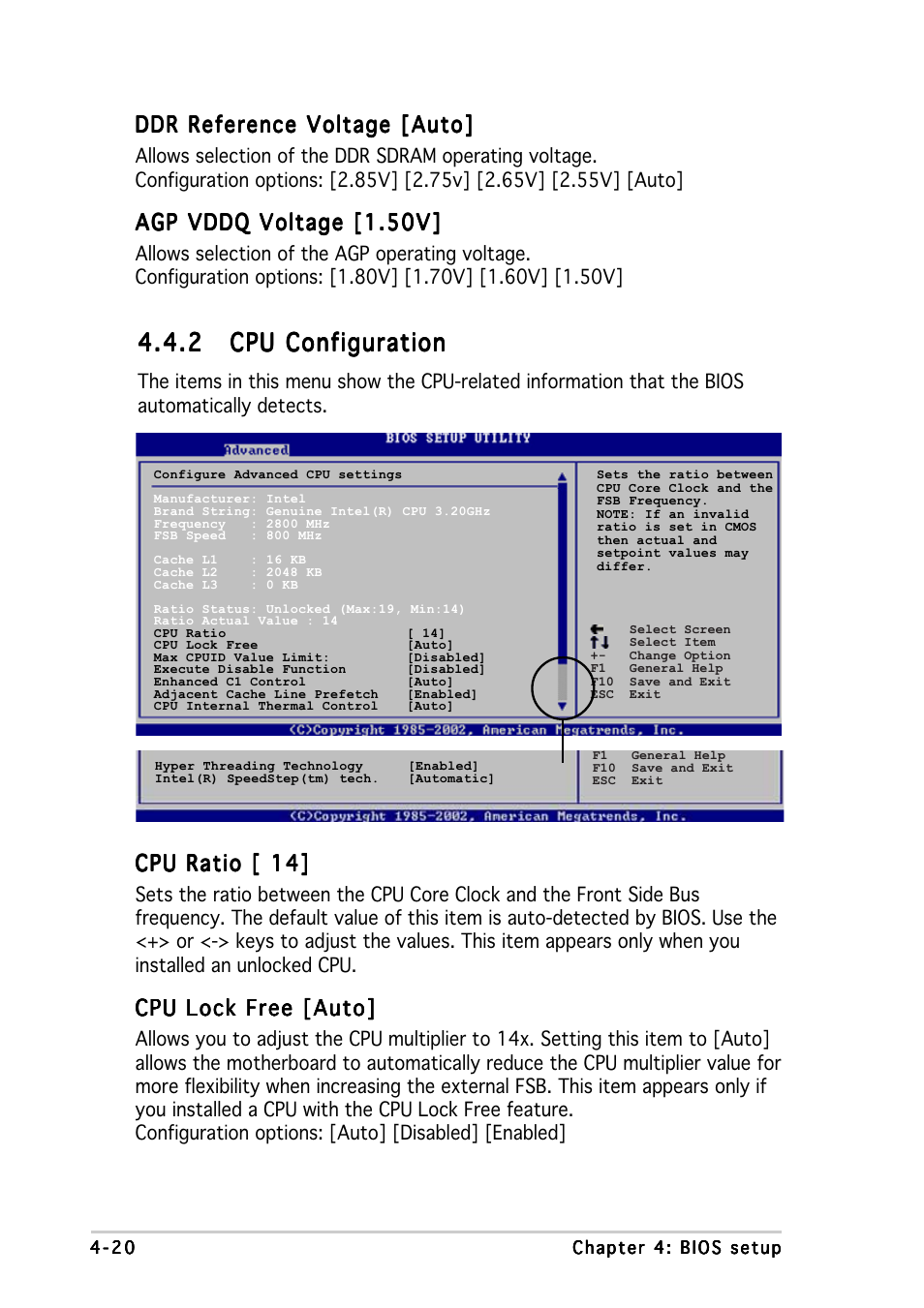 Ddr reference voltage [auto, Agp vddq voltage [1.50v, Cpu ratio [ 14 | Cpu lock free [auto | Asus P5P800 SE User Manual | Page 80 / 116