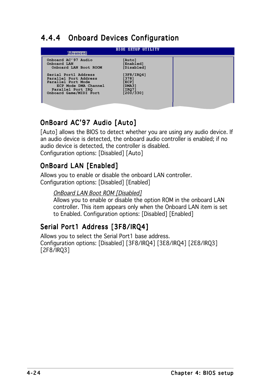 Onboard ac’97 audio [auto, Onboard lan [enabled, Serial port1 address [3f8/irq4 | Asus P5P800 SE User Manual | Page 84 / 116
