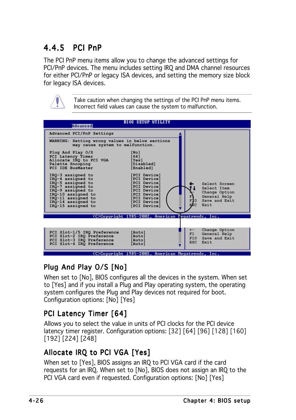 5 pci pnp pci pnp pci pnp pci pnp pci pnp, Plug and play o/s [no, Pci latency timer [64 | Allocate irq to pci vga [yes | Asus P5P800 SE User Manual | Page 86 / 116