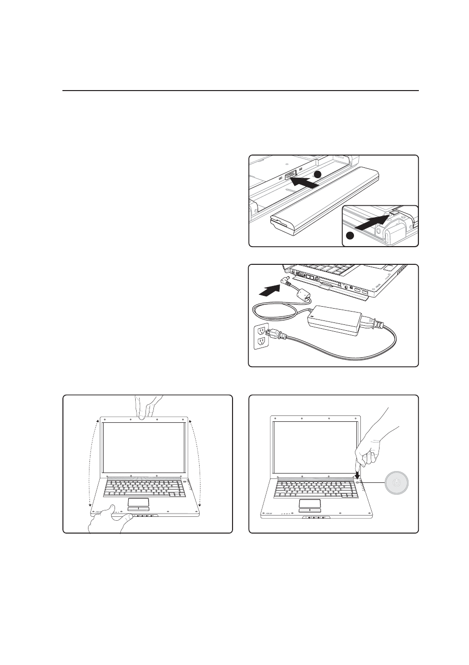 Install the battery pack, Open the display panel, Connect the ac power adapter | Asus W1Gc User Manual | Page 14 / 76