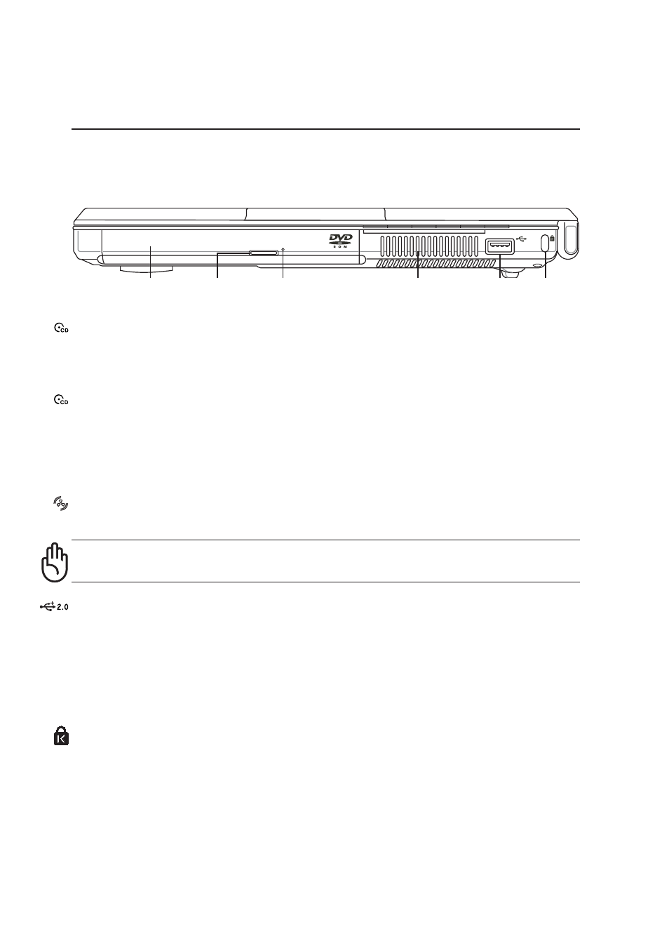 Right side, Knowing the parts kensington, Lock port | Air vents, Optical drive, Electronic eject, emergency eject, activity led, Usb port (2.0/1.1) | Asus W1Gc User Manual | Page 23 / 76