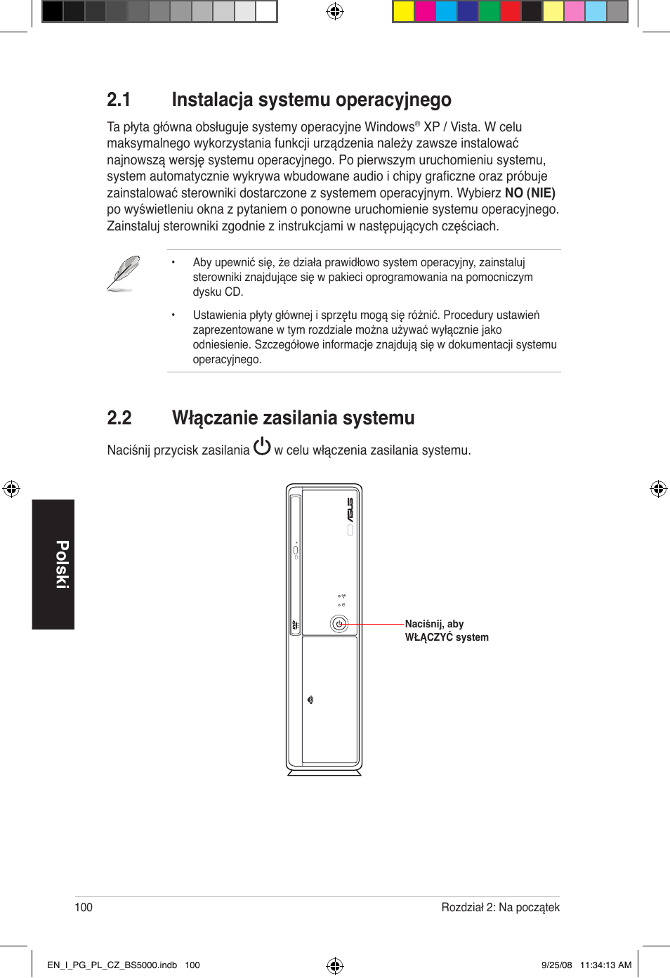 1 instalacja systemu operacyjnego, 2 włączanie zasilania systemu, Polski | Asus BS5000 User Manual | Page 101 / 148