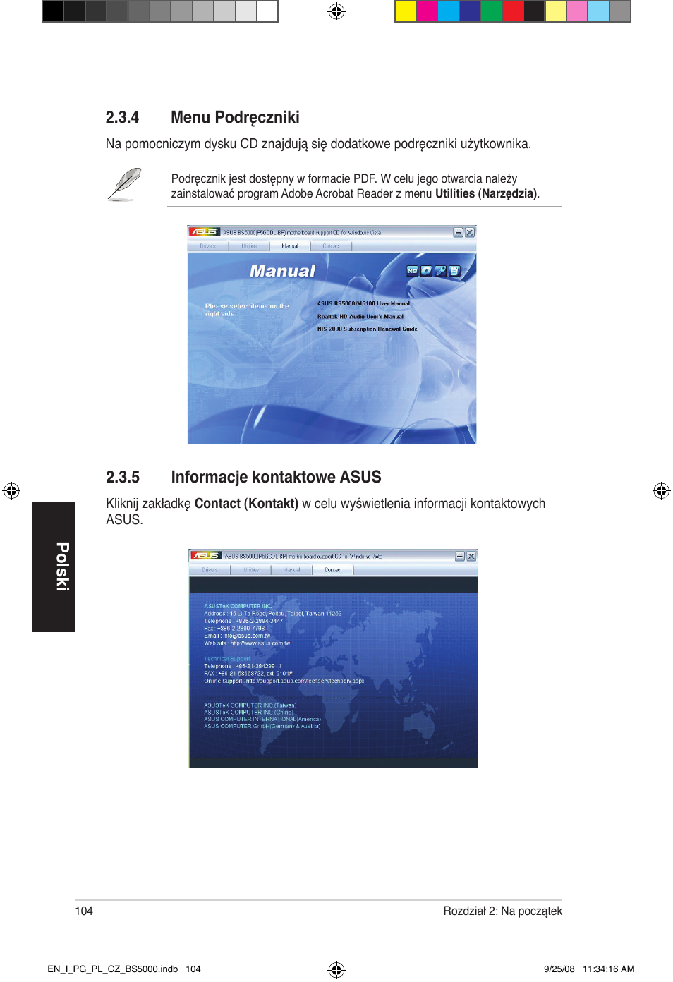 Polski 2.3.4 menu podręczniki, 5 informacje kontaktowe asus | Asus BS5000 User Manual | Page 105 / 148