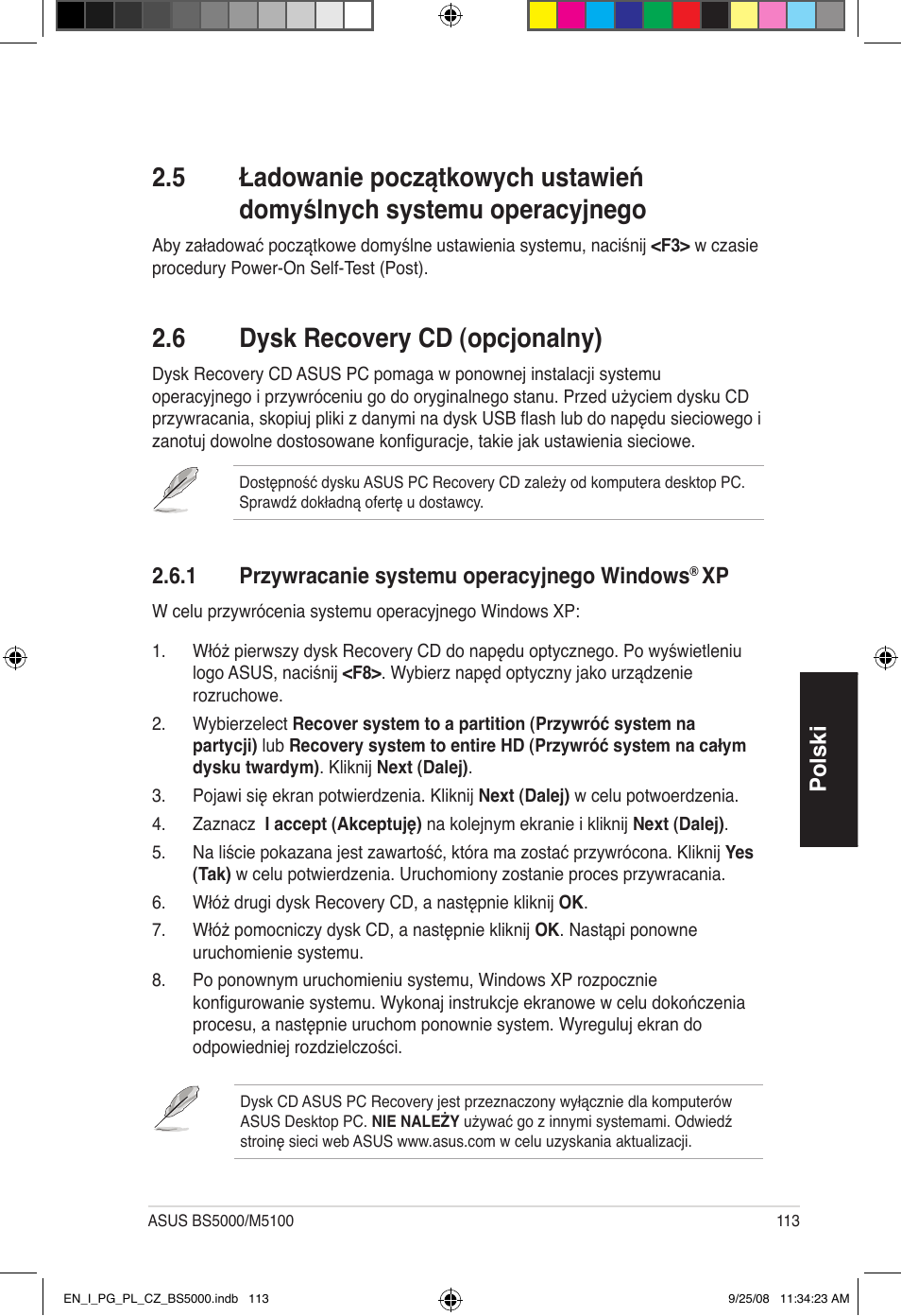 6 dysk recovery cd (opcjonalny) | Asus BS5000 User Manual | Page 114 / 148