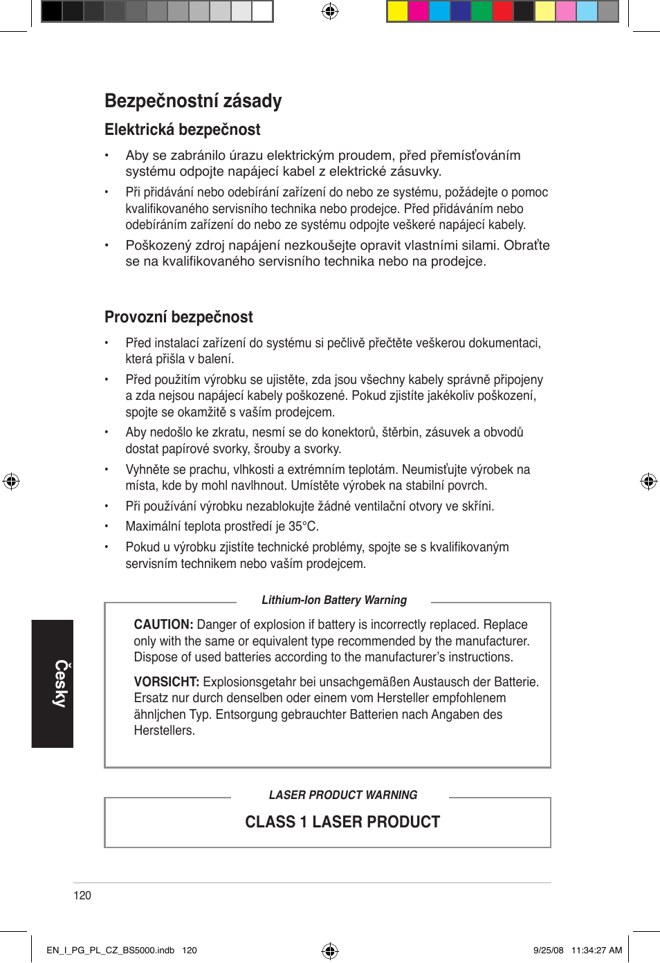 Bezpečnostní zásady, Česky, Class 1 laser product | Elektrická bezpečnost, Provozní bezpečnost | Asus BS5000 User Manual | Page 121 / 148