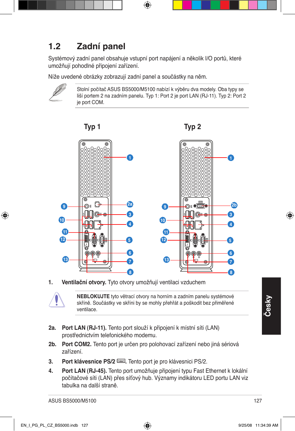 2 zadní panel, Česky, Typ 1 typ 2 | Asus BS5000 User Manual | Page 128 / 148