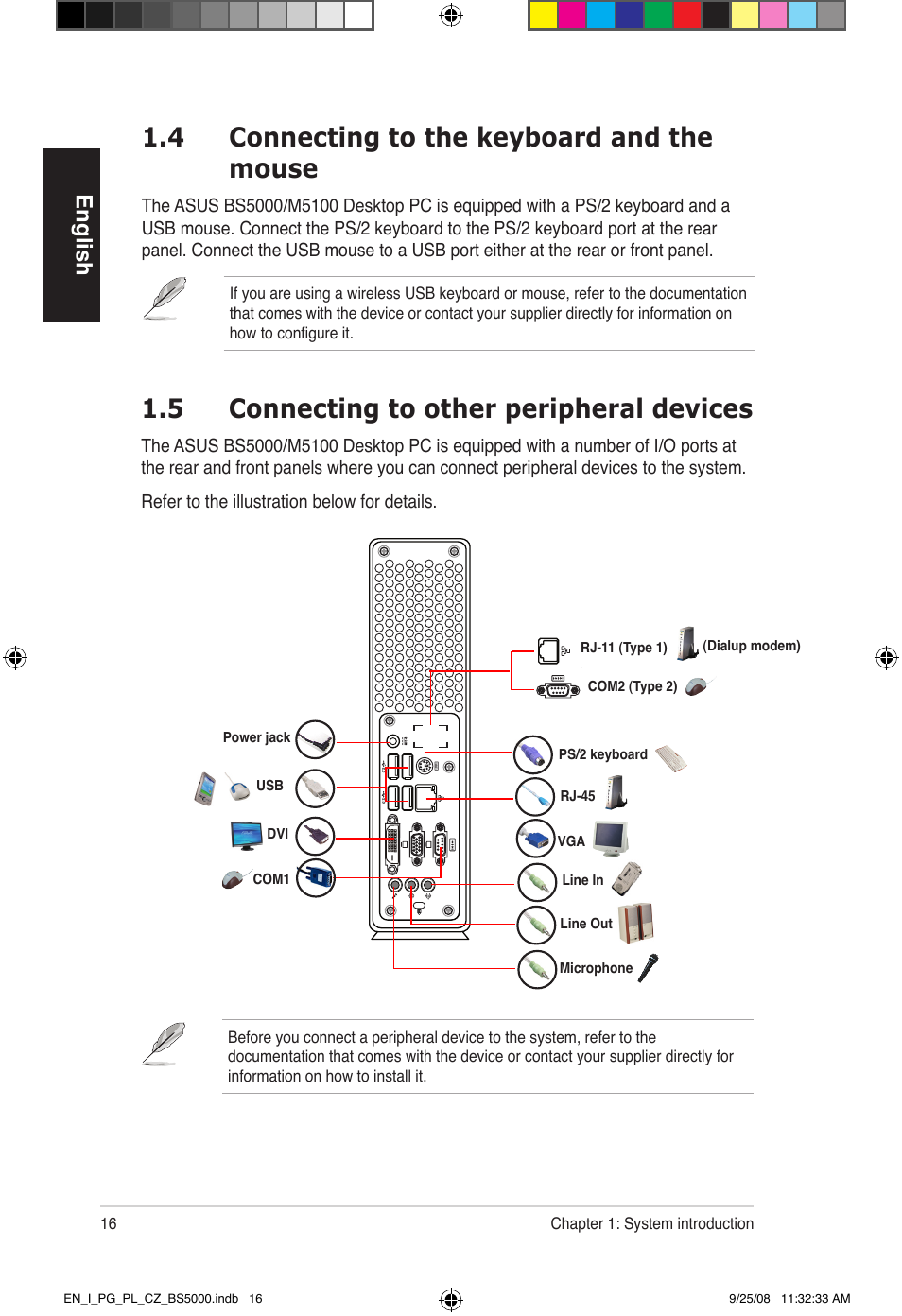 4 connecting to the keyboard and the mouse, 5 connecting to other peripheral devices, English | Asus BS5000 User Manual | Page 17 / 148