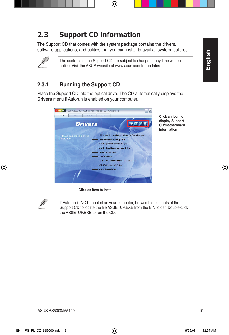 3 support cd information, English, 1 running the support cd | Asus BS5000 User Manual | Page 20 / 148