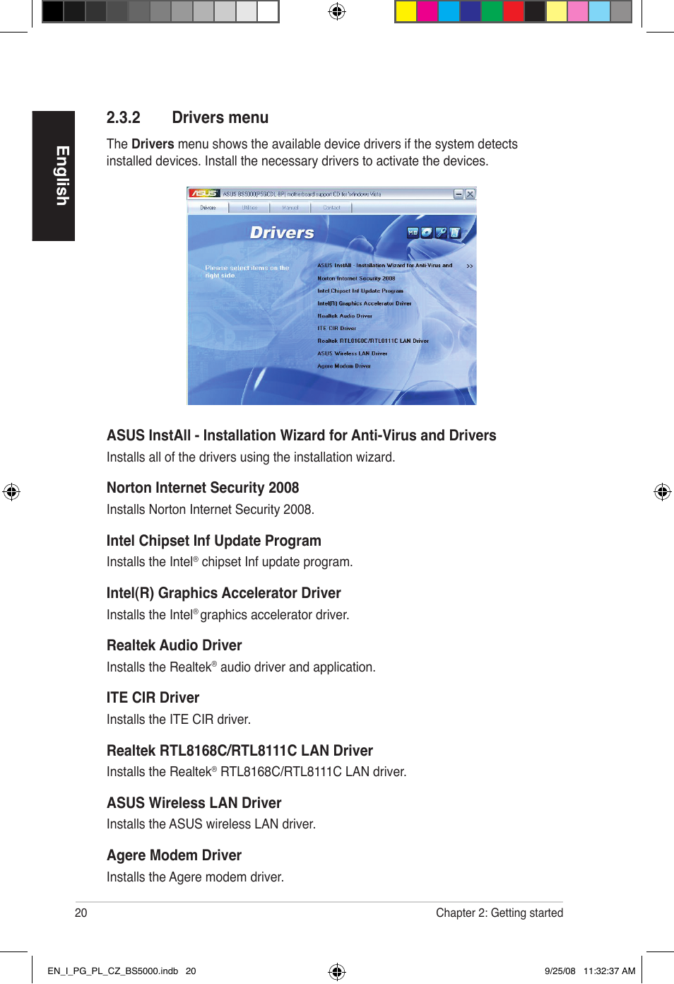 English 2.3.2 drivers menu | Asus BS5000 User Manual | Page 21 / 148