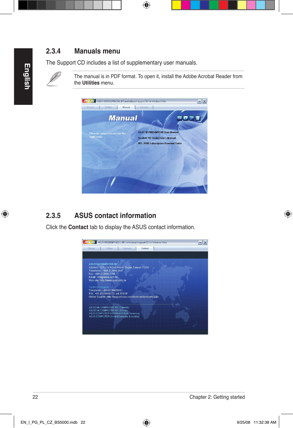 English 2.3.4 manuals menu, 5 asus contact information | Asus BS5000 User Manual | Page 23 / 148