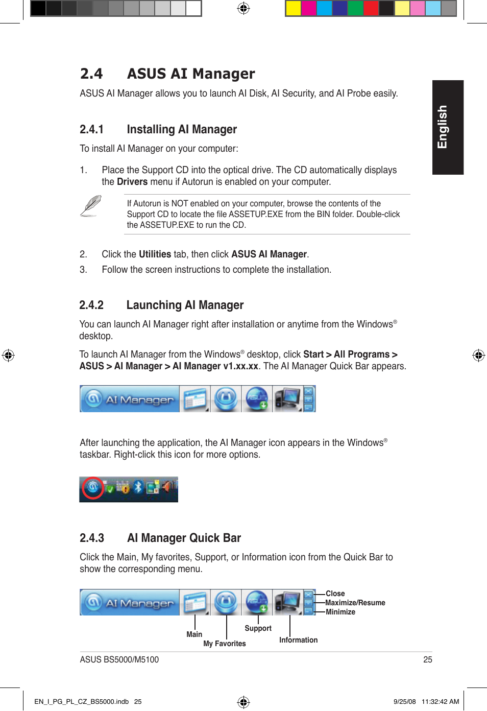 4 asus ai manager, English, 1 installing ai manager | 2 launching ai manager, 3 ai manager quick bar | Asus BS5000 User Manual | Page 26 / 148