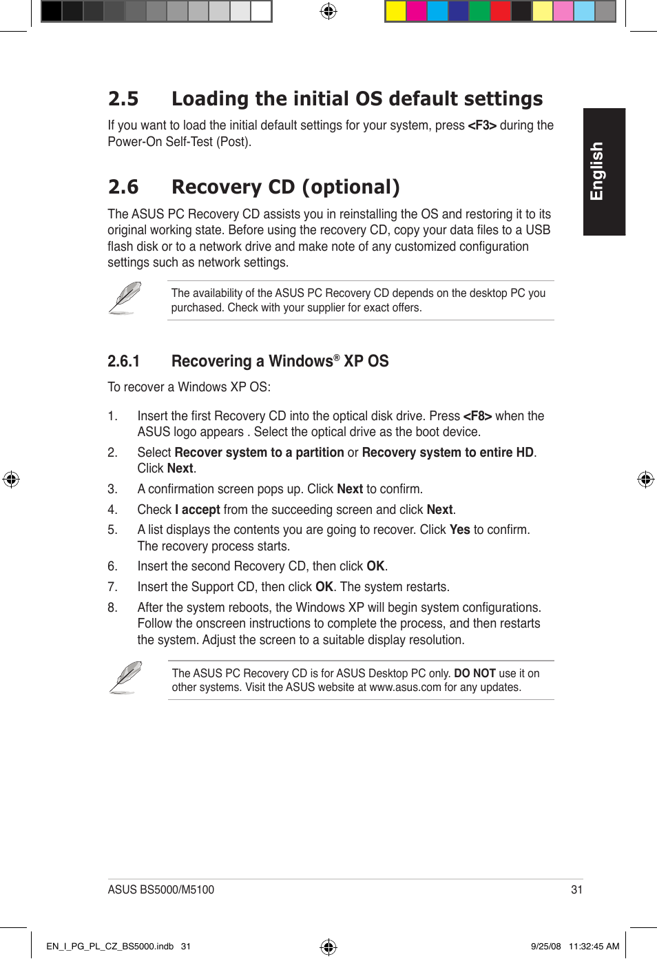 6 recovery cd (optional), 5 loading the initial os default settings | Asus BS5000 User Manual | Page 32 / 148