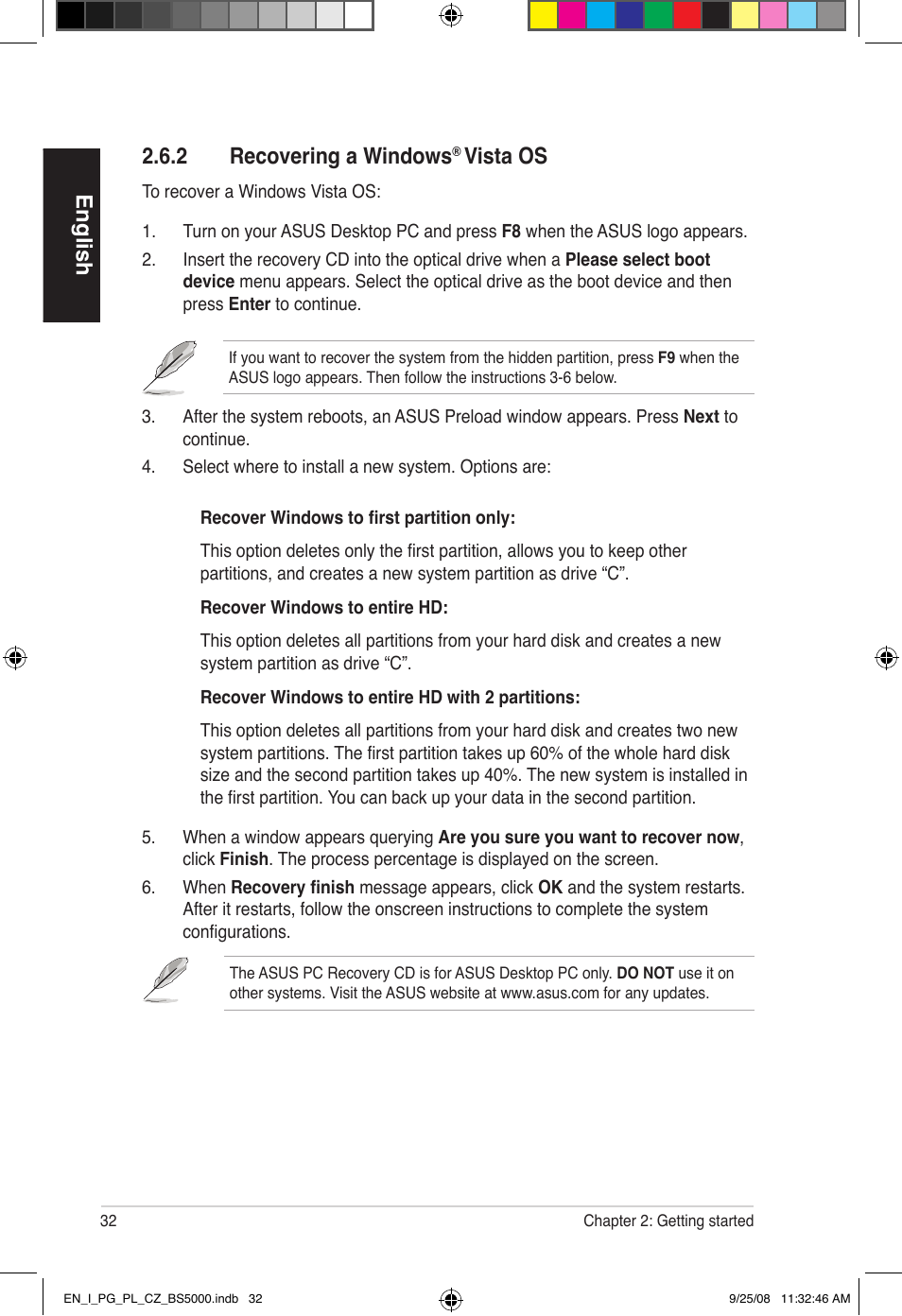 English, 2 recovering a windows, Vista os | Asus BS5000 User Manual | Page 33 / 148