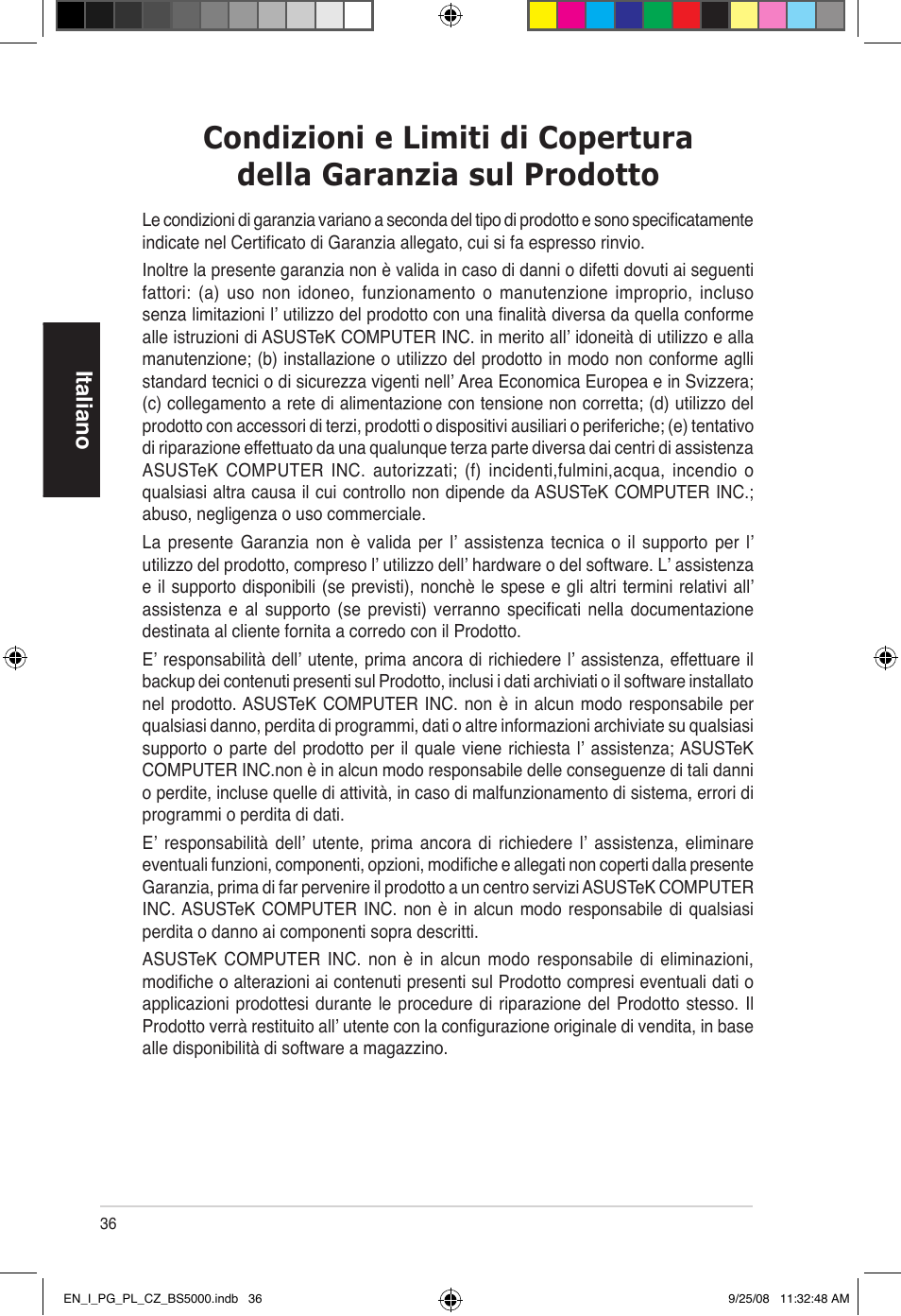 Italiano | Asus BS5000 User Manual | Page 37 / 148