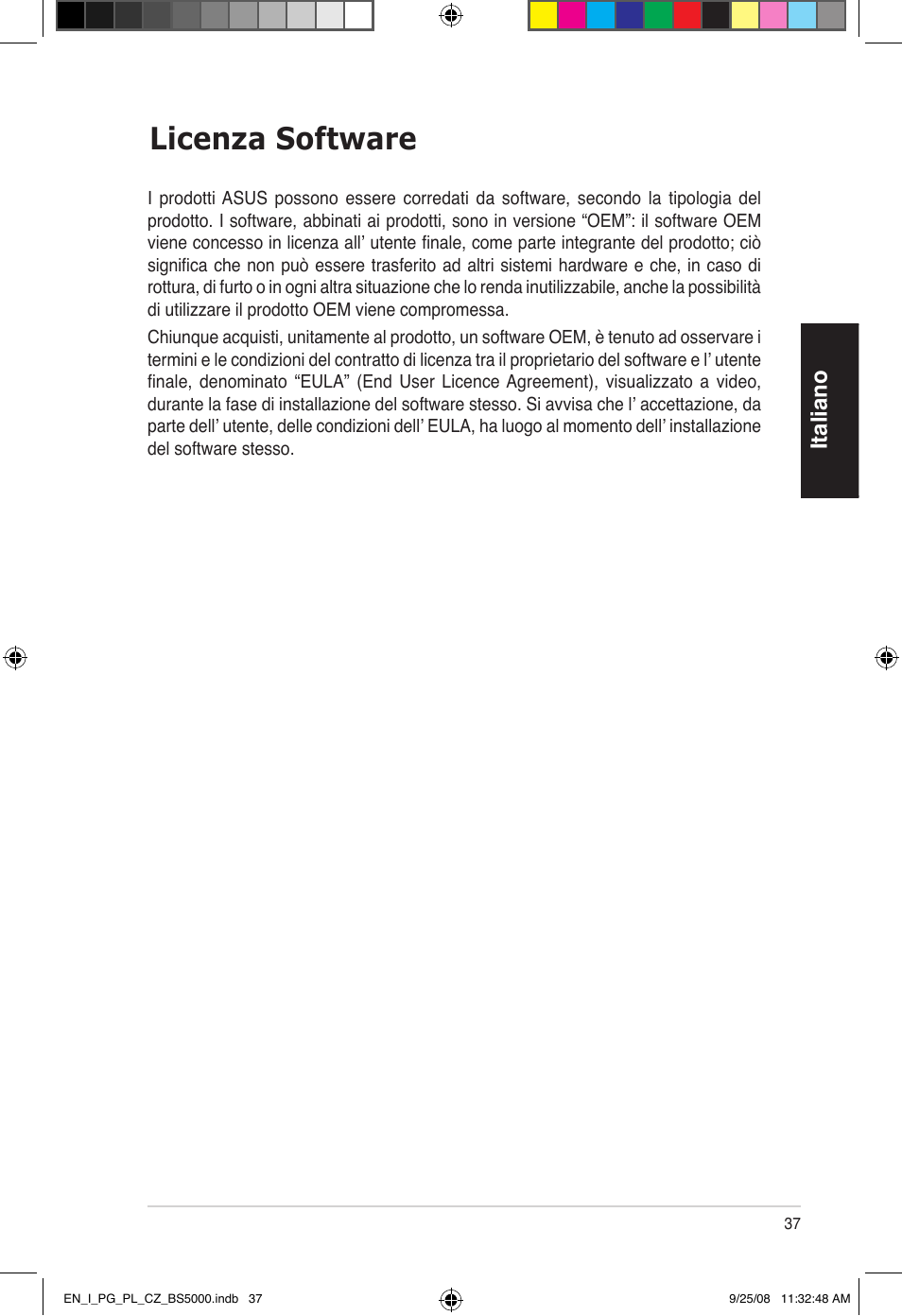 Licenza software, Italiano | Asus BS5000 User Manual | Page 38 / 148