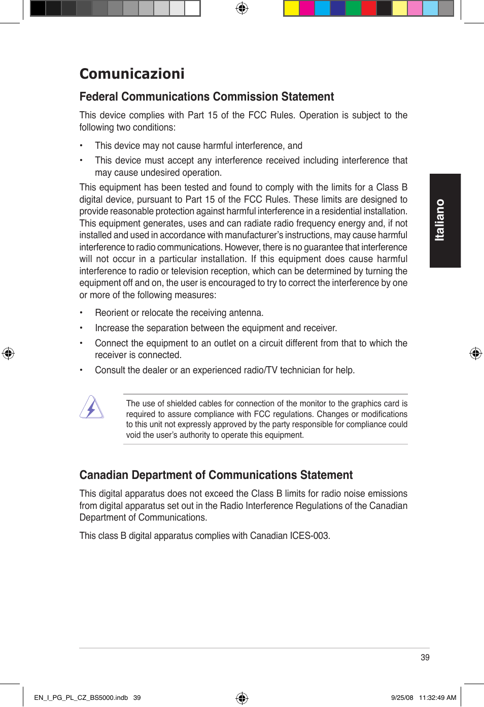 Comunicazioni, Italiano, Federal communications commission statement | Canadian department of communications statement | Asus BS5000 User Manual | Page 40 / 148