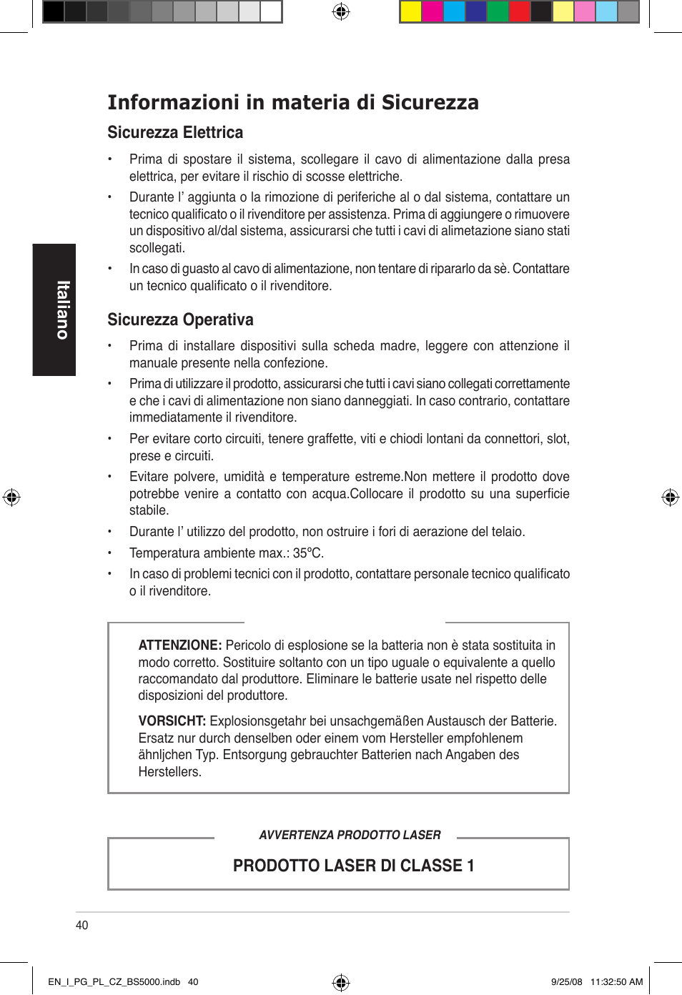 Informazioni in materia di sicurezza, Italiano, Prodotto laser di classe 1 | Sicurezza elettrica, Sicurezza operativa | Asus BS5000 User Manual | Page 41 / 148