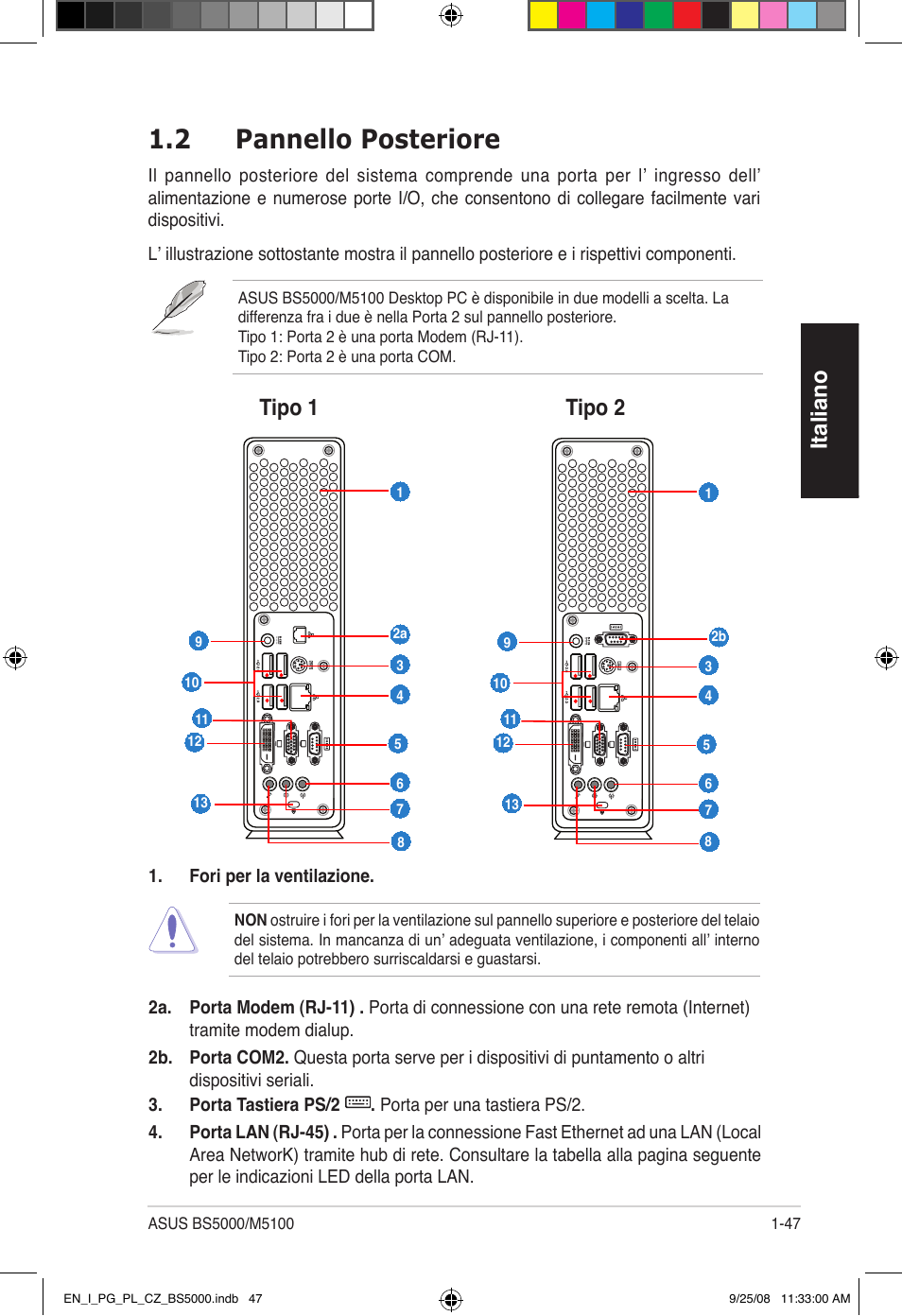 2 pannello posteriore, Italiano, Tipo 1 tipo 2 | Asus BS5000 User Manual | Page 48 / 148