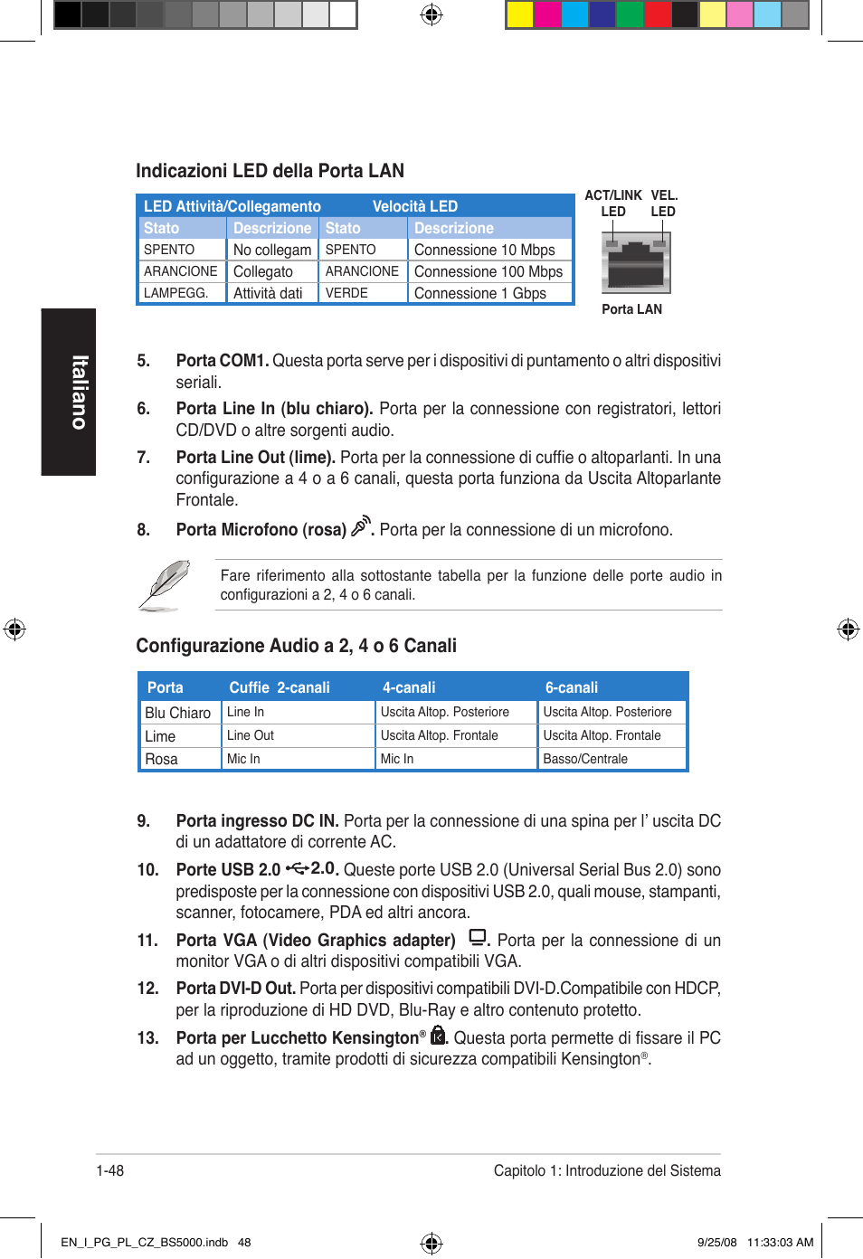 Italiano, Configurazione audio a 2, 4 o 6 canali, Indicazioni led della porta lan | Asus BS5000 User Manual | Page 49 / 148