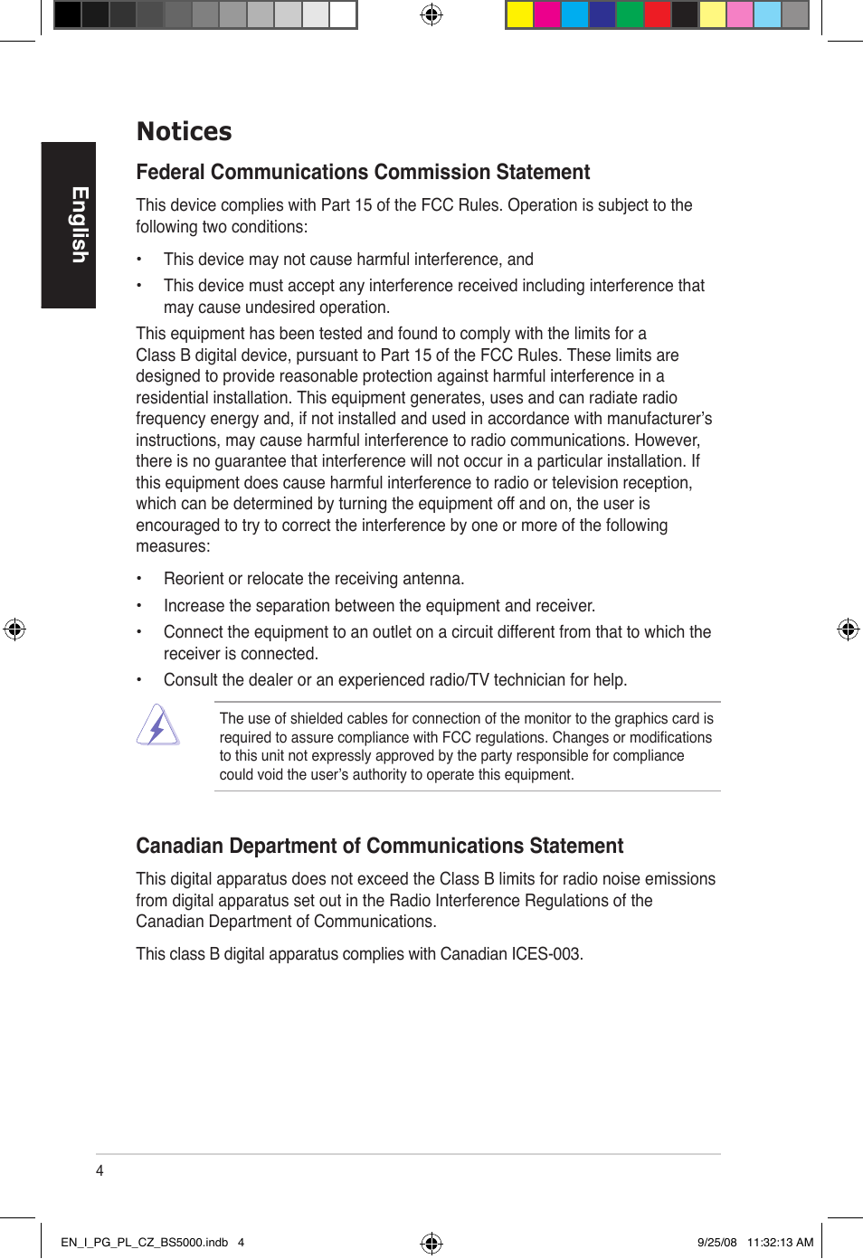 Notices, English, Federal communications commission statement | Canadian department of communications statement | Asus BS5000 User Manual | Page 5 / 148