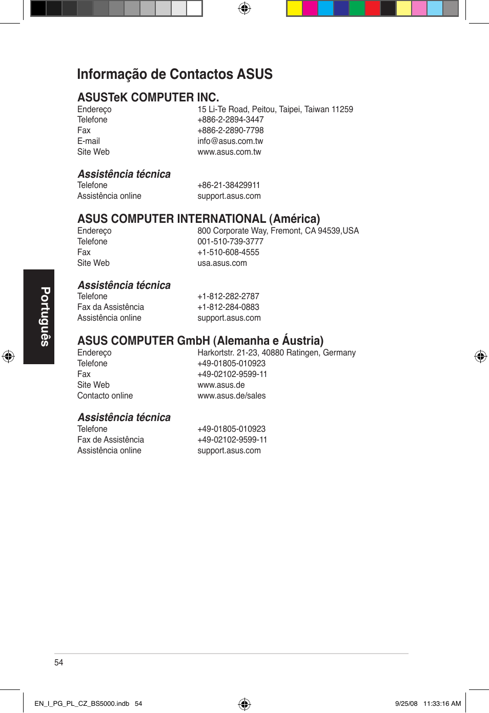 Informação de contactos asus, Português, Asustek computer inc | Asus computer international (américa), Asus computer gmbh (alemanha e áustria), Assistência técnica | Asus BS5000 User Manual | Page 55 / 148