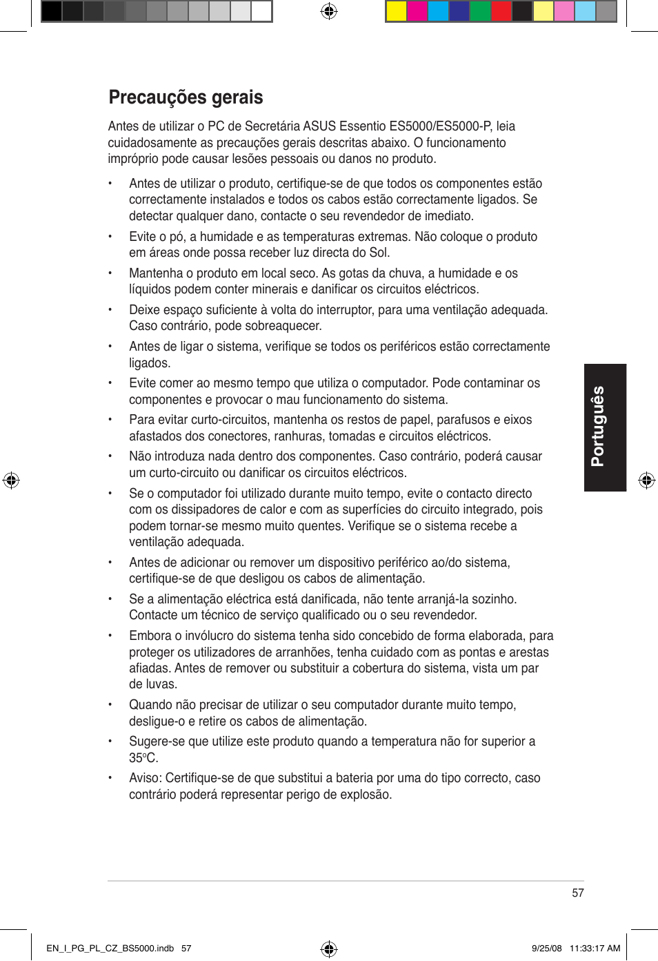 Precauções gerais, Português | Asus BS5000 User Manual | Page 58 / 148