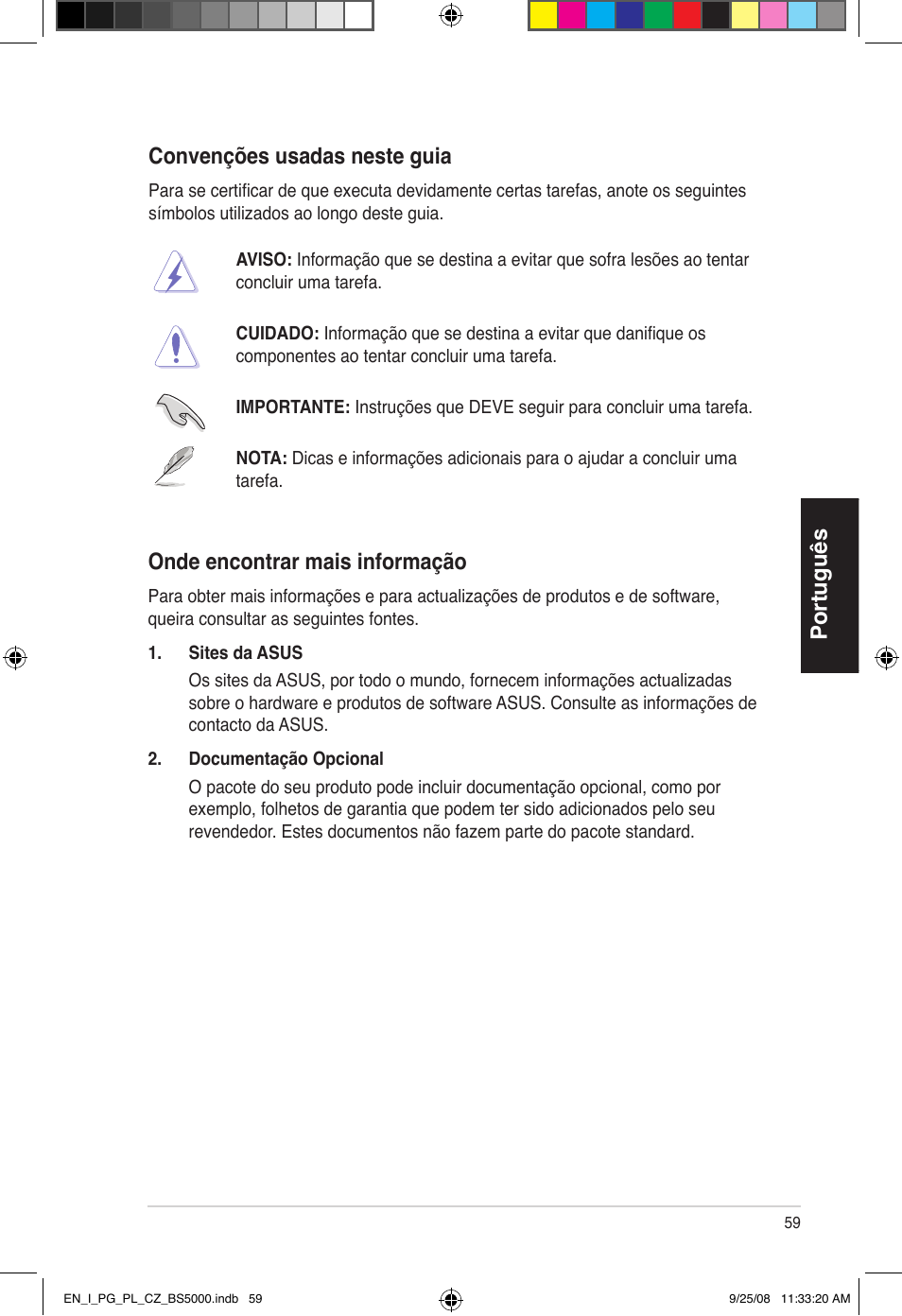 Português convenções usadas neste guia, Onde encontrar mais informação | Asus BS5000 User Manual | Page 60 / 148