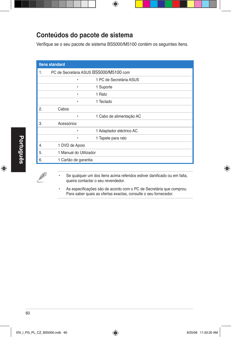 Conteúdos do pacote de sistema, Português | Asus BS5000 User Manual | Page 61 / 148