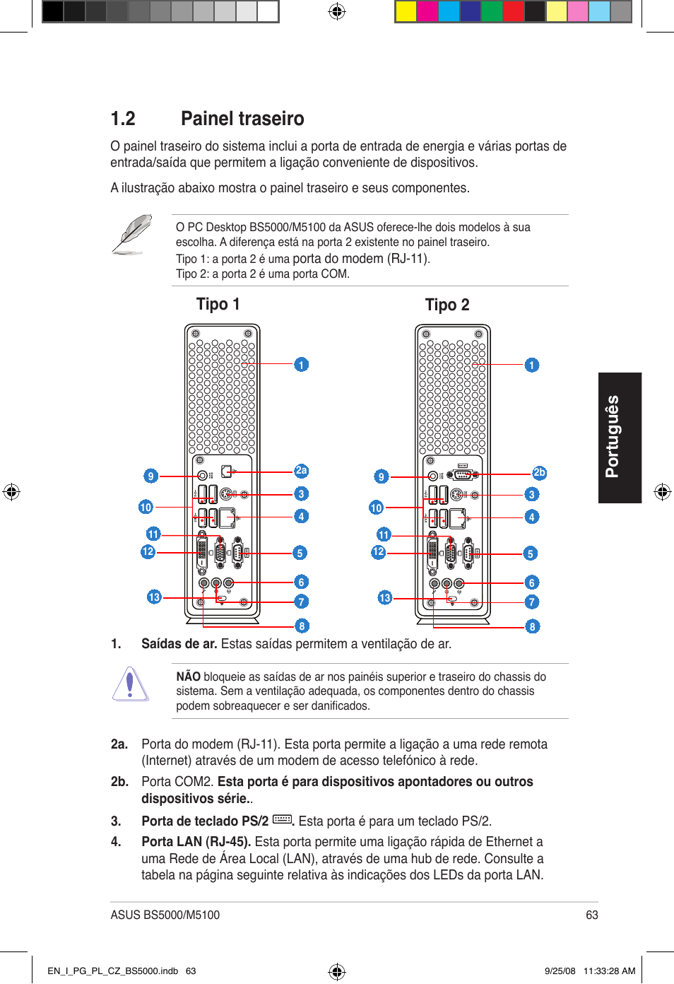 2 painel traseiro, Português, Tipo 1 tipo 2 | Asus BS5000 User Manual | Page 64 / 148