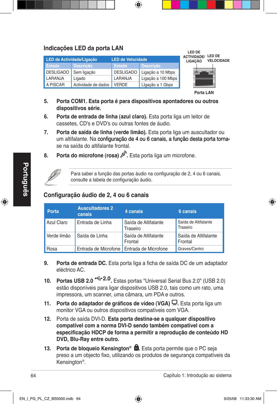 Português, Configuração áudio de 2, 4 ou 6 canais, Indicações led da porta lan | Asus BS5000 User Manual | Page 65 / 148