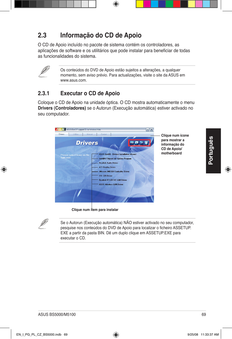 3 informação do cd de apoio, Português, 1 executar o cd de apoio | Asus BS5000 User Manual | Page 70 / 148