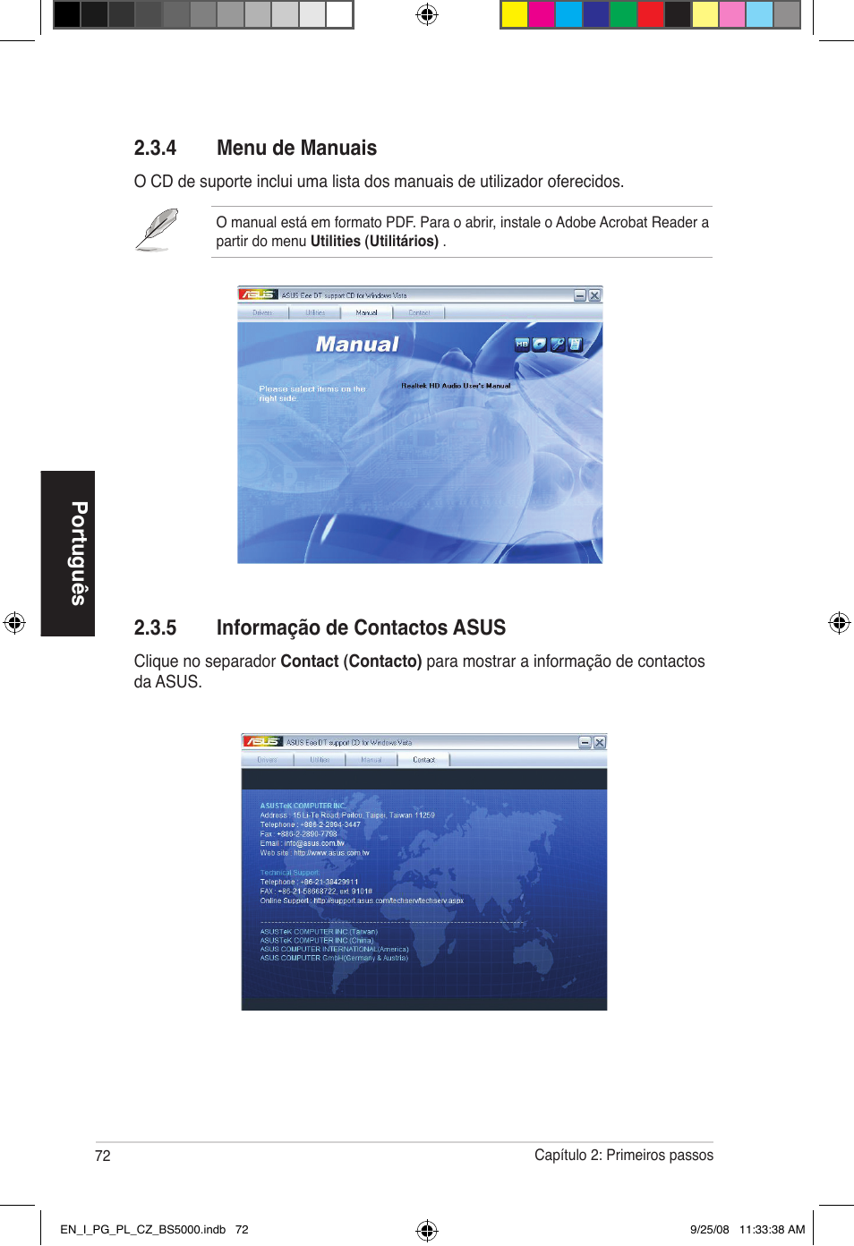 Português 2.3.4 menu de manuais, 5 informação de contactos asus | Asus BS5000 User Manual | Page 73 / 148