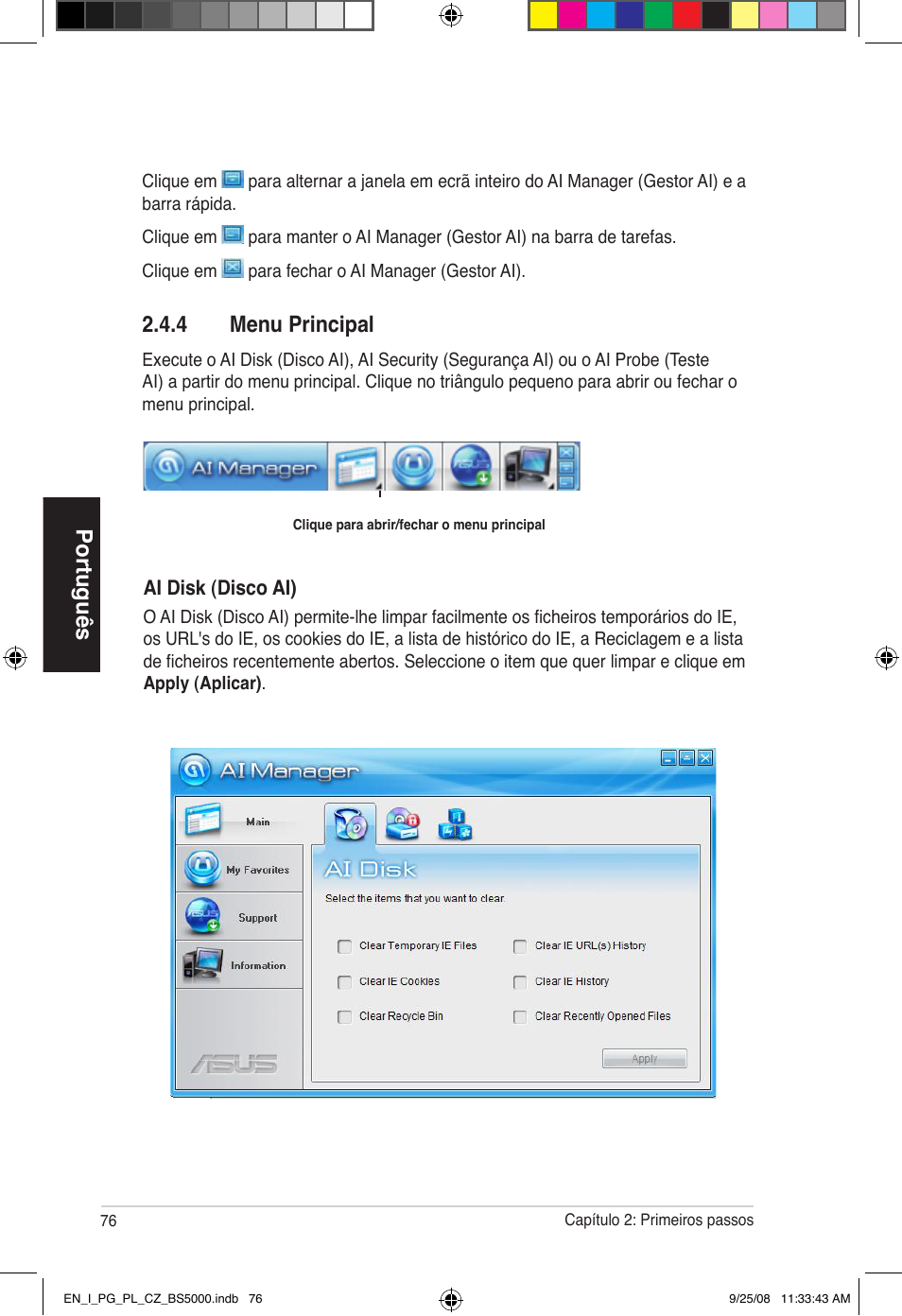 Português, 4 menu principal | Asus BS5000 User Manual | Page 77 / 148