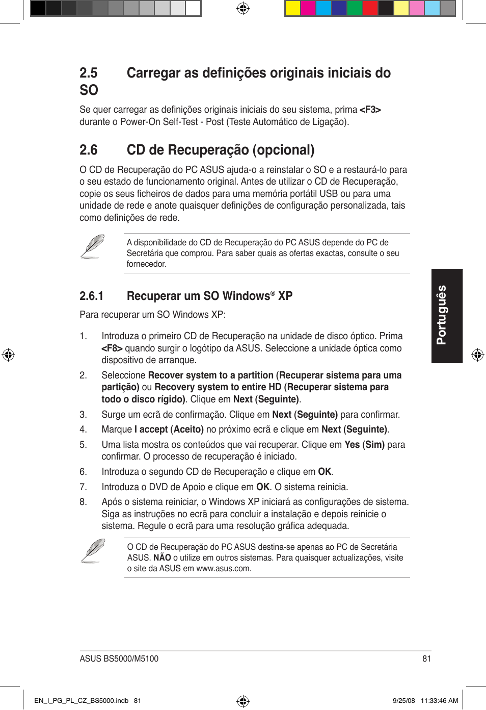 6 cd de recuperação (opcional), 5 carregar as definições originais iniciais do so | Asus BS5000 User Manual | Page 82 / 148