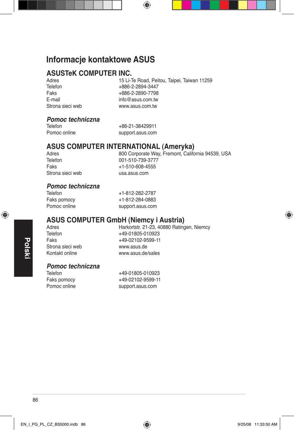 Informacje kontaktowe asus, Polski, Asustek computer inc | Asus computer international (ameryka), Asus computer gmbh (niemcy i austria), Pomoc techniczna | Asus BS5000 User Manual | Page 87 / 148