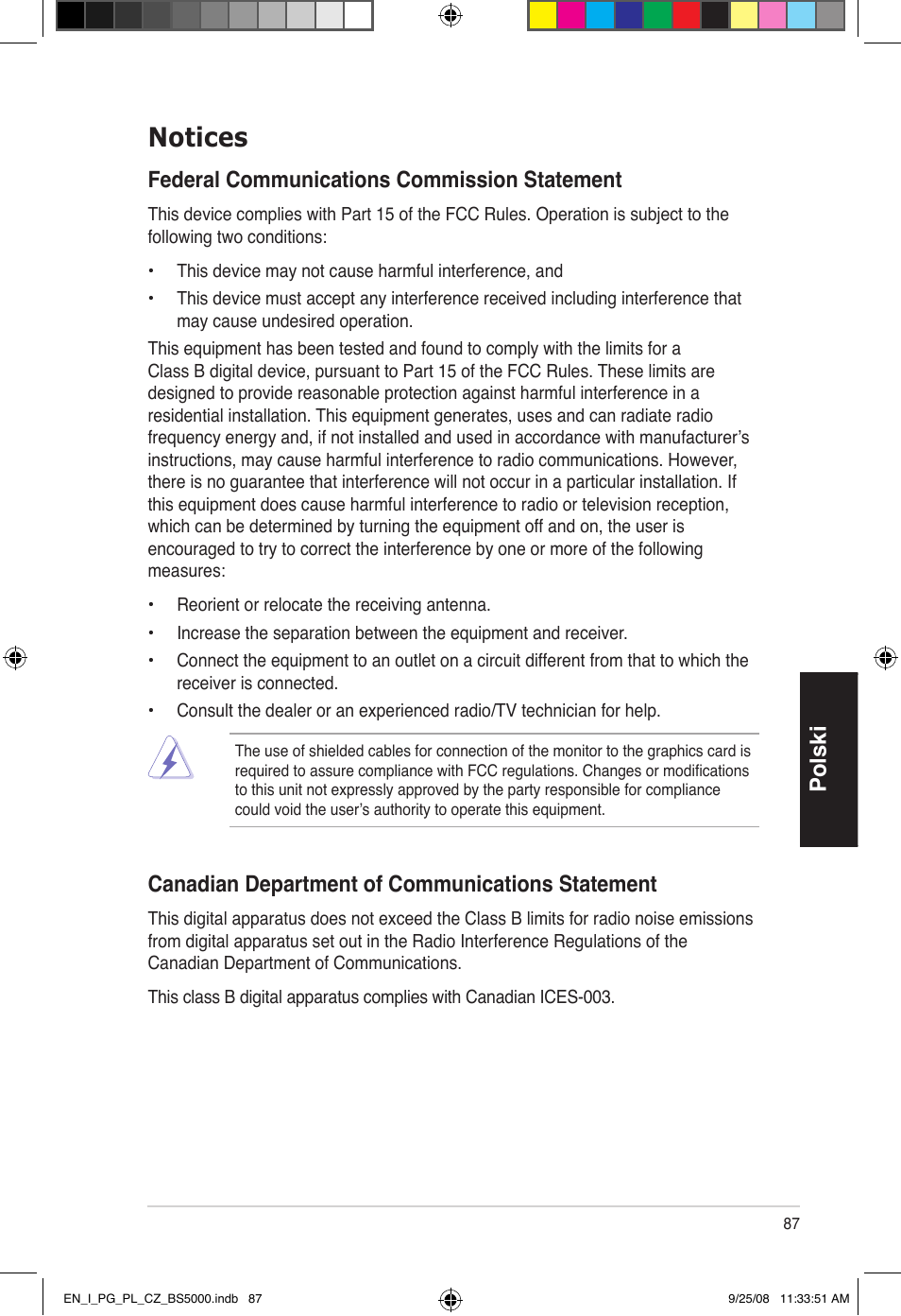 Notices, Polski, Federal communications commission statement | Canadian department of communications statement | Asus BS5000 User Manual | Page 88 / 148