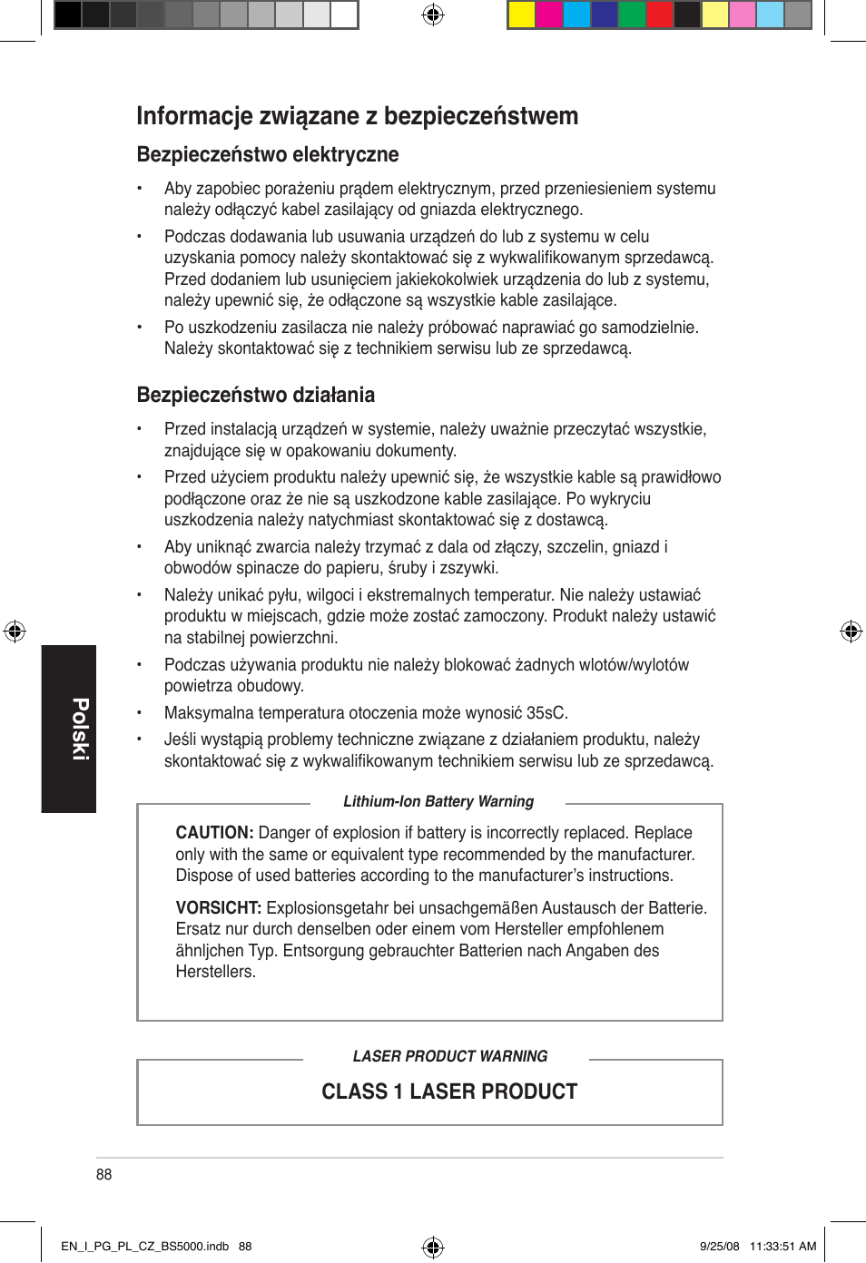 Informacje związane z bezpieczeństwem, Polski, Class 1 laser product | Bezpieczeństwo elektryczne, Bezpieczeństwo działania | Asus BS5000 User Manual | Page 89 / 148