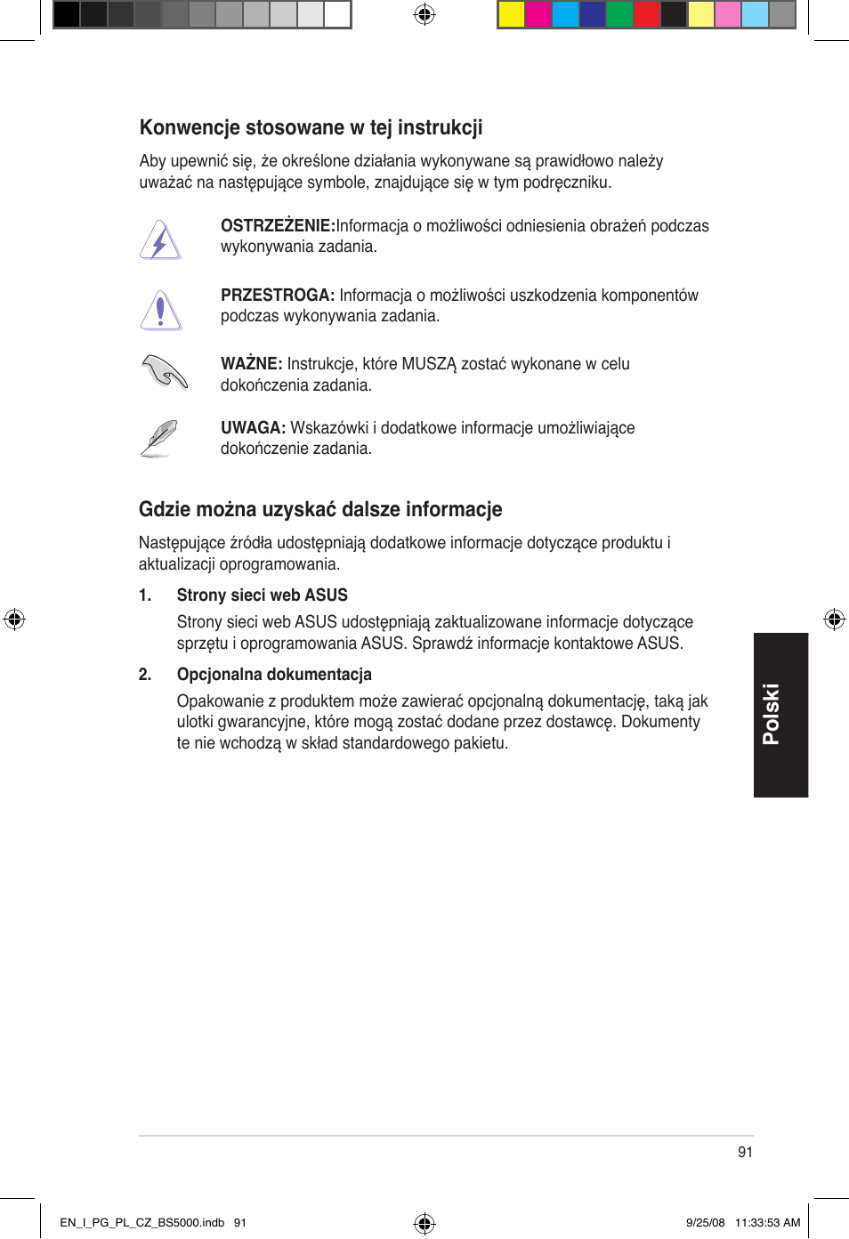 Polski konwencje stosowane w tej instrukcji, Gdzie można uzyskać dalsze informacje | Asus BS5000 User Manual | Page 92 / 148