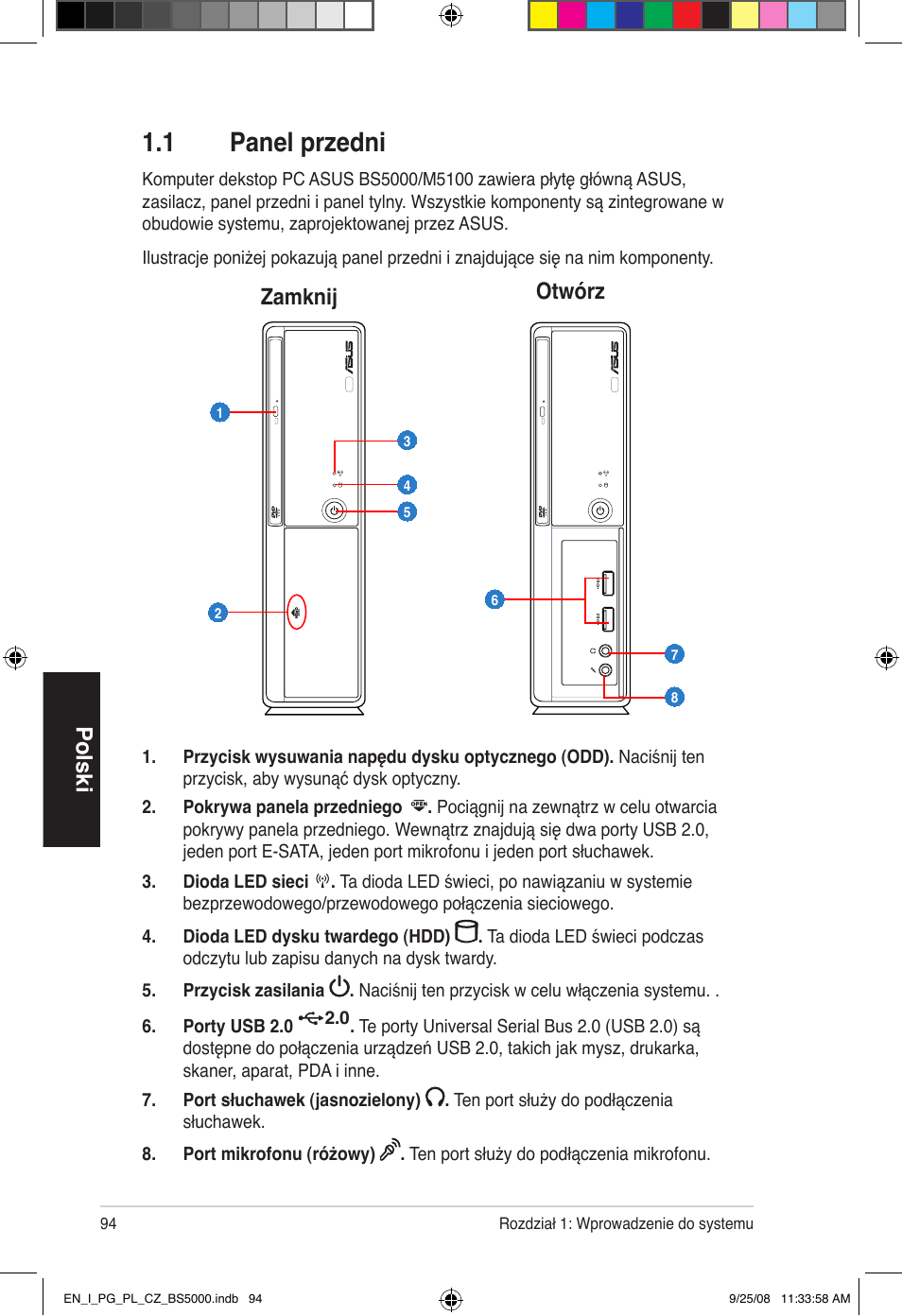 1 panel przedni, Polski, Zamknij otwórz | Asus BS5000 User Manual | Page 95 / 148