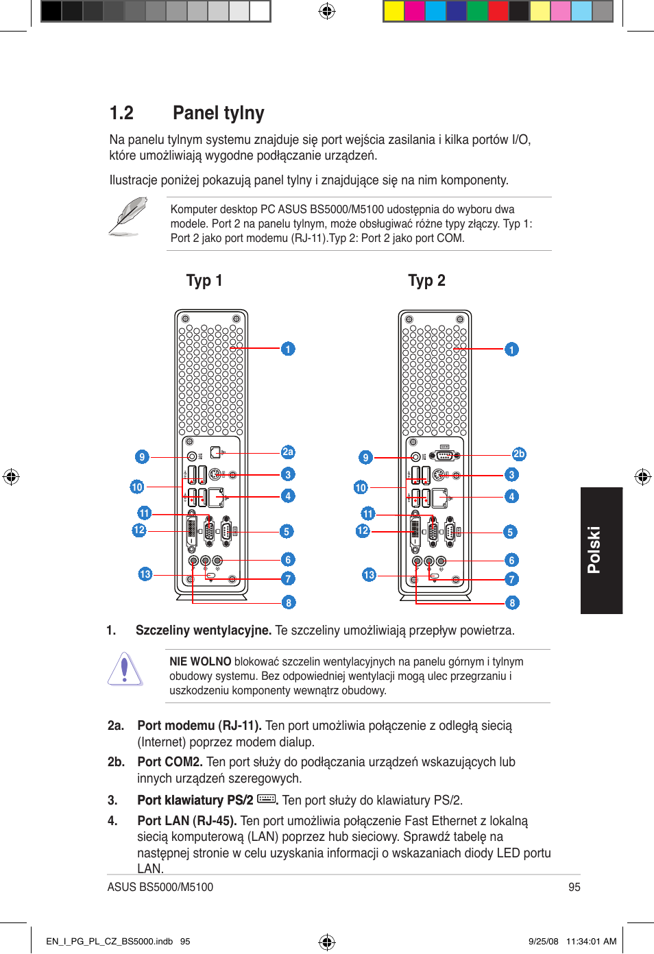 2 panel tylny, Polski, Typ 1 typ 2 | Asus BS5000 User Manual | Page 96 / 148