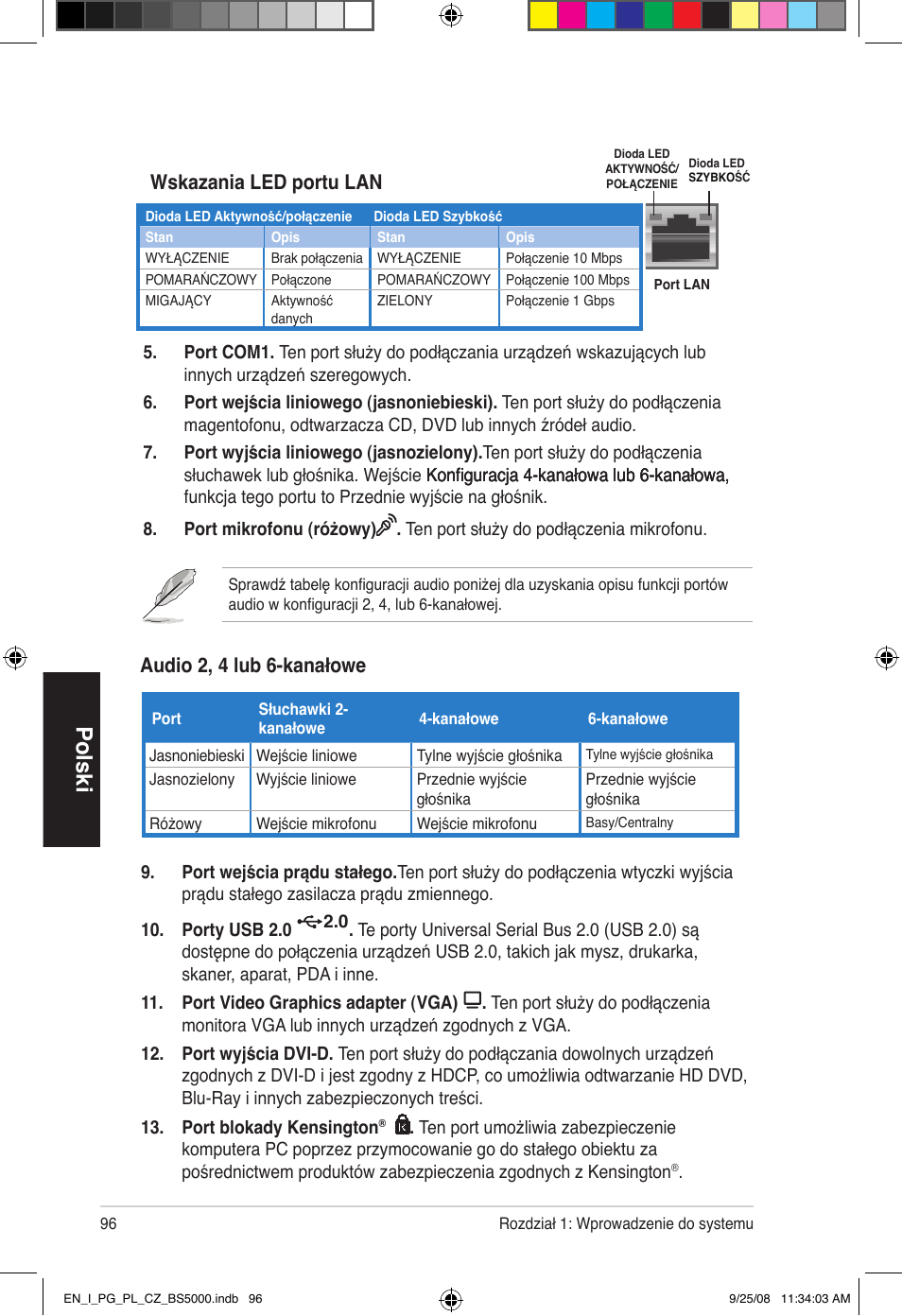 Polski, Wskazania led portu lan, Audio 2, 4 lub 6-kanałowe | Asus BS5000 User Manual | Page 97 / 148